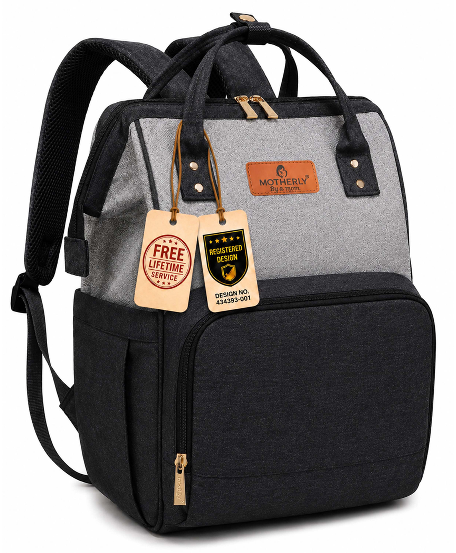 Motherly Crown Melange Fabric Diaper Bag for Mothers for Travel With Warranty(Black & Grey)-picture-13