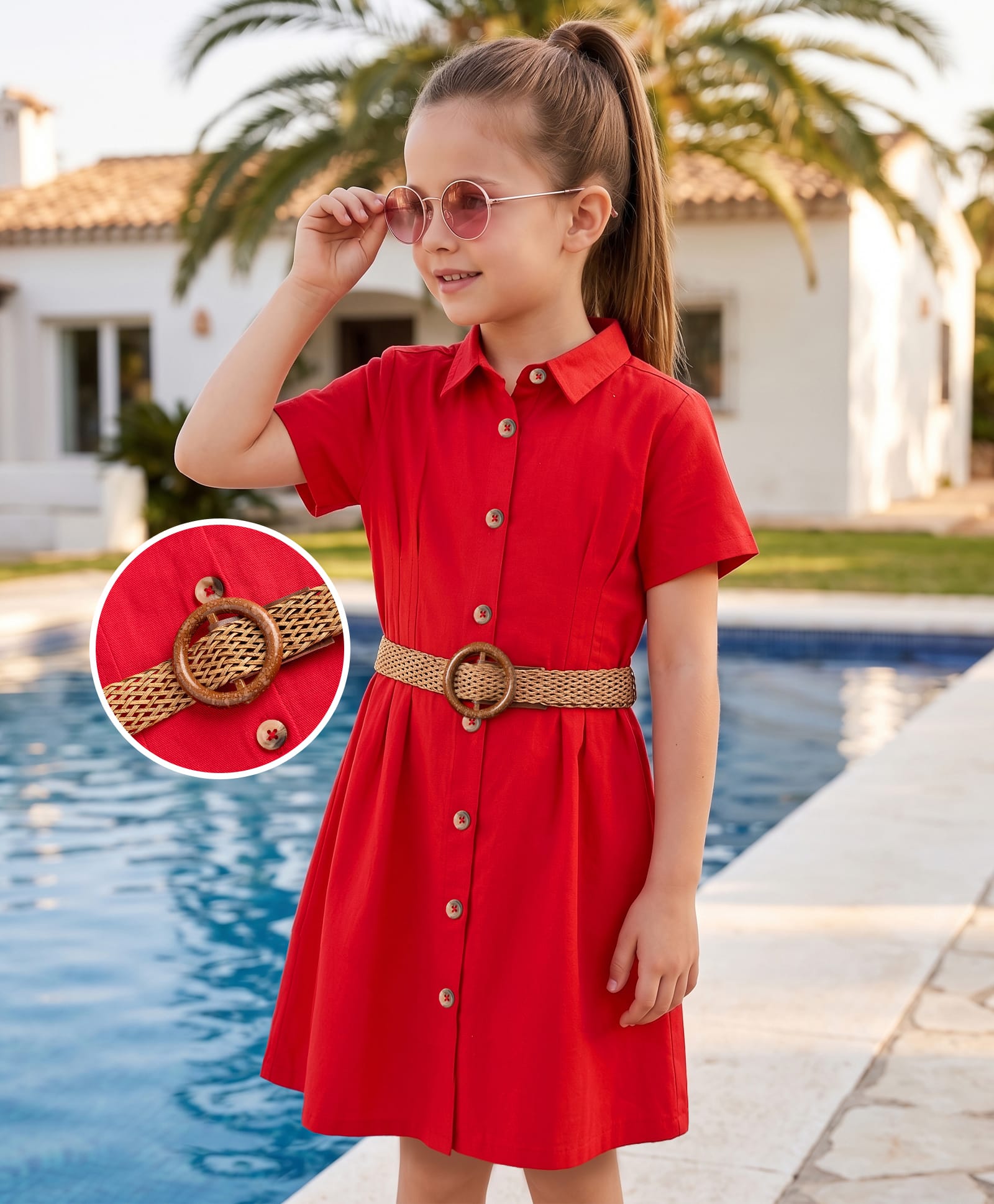 Hola Bonita Cotton Woven One Piece Dresses/Frocks Half Sleeves Collar Neck Knee Length Solid Coral 4-5 Years-image-18