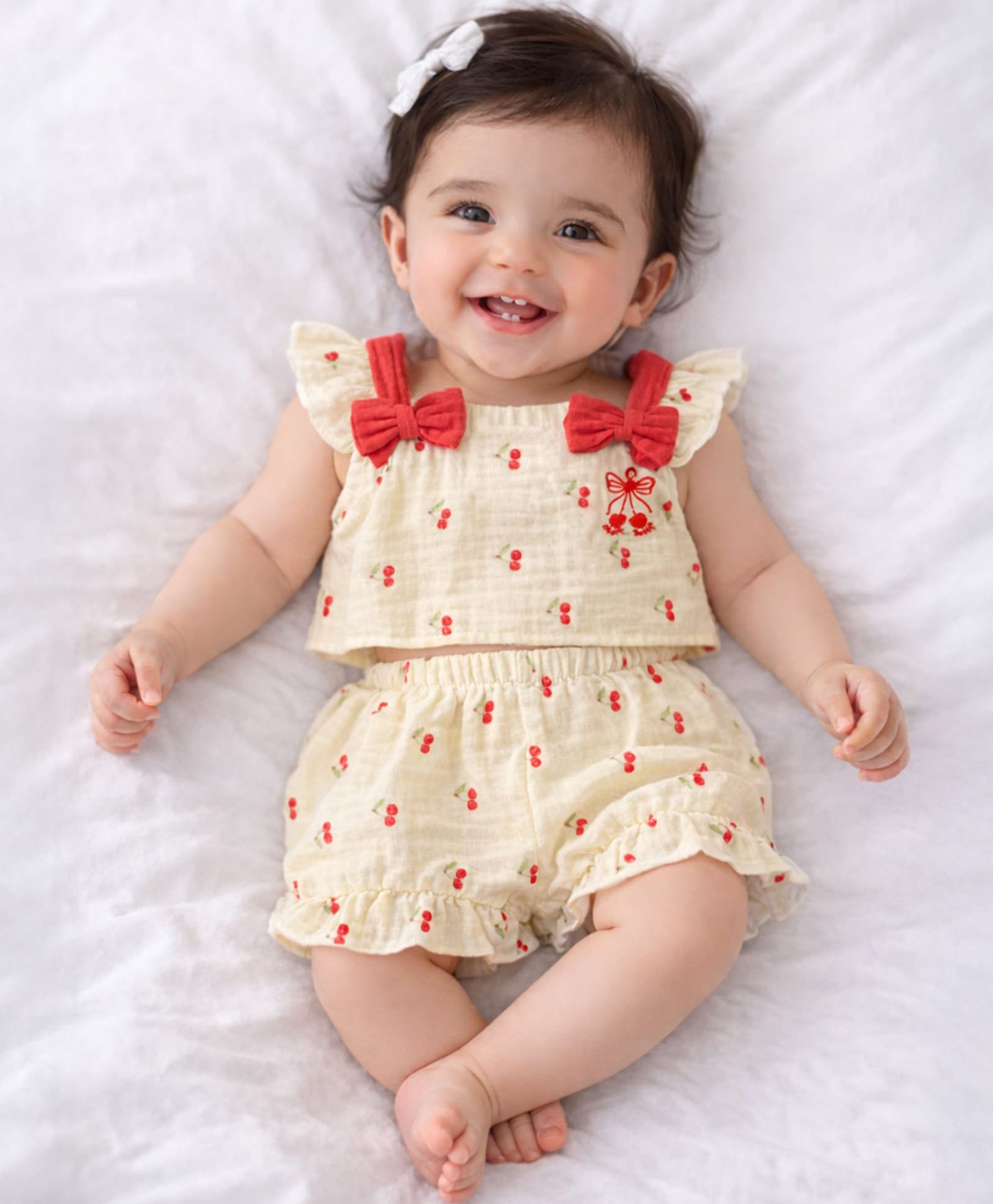 PURPLE UNITED KIDS Muslin Woven Sleeveless Cherries Printed Coordinating Top & Shorts Set - Light Yellow-picture-17