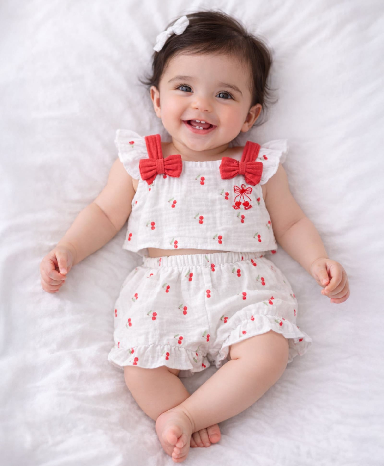 PURPLE UNITED KIDS Muslin Woven Sleeveless Cherries Printed Coordinating Top & Shorts Set - White-image-49
