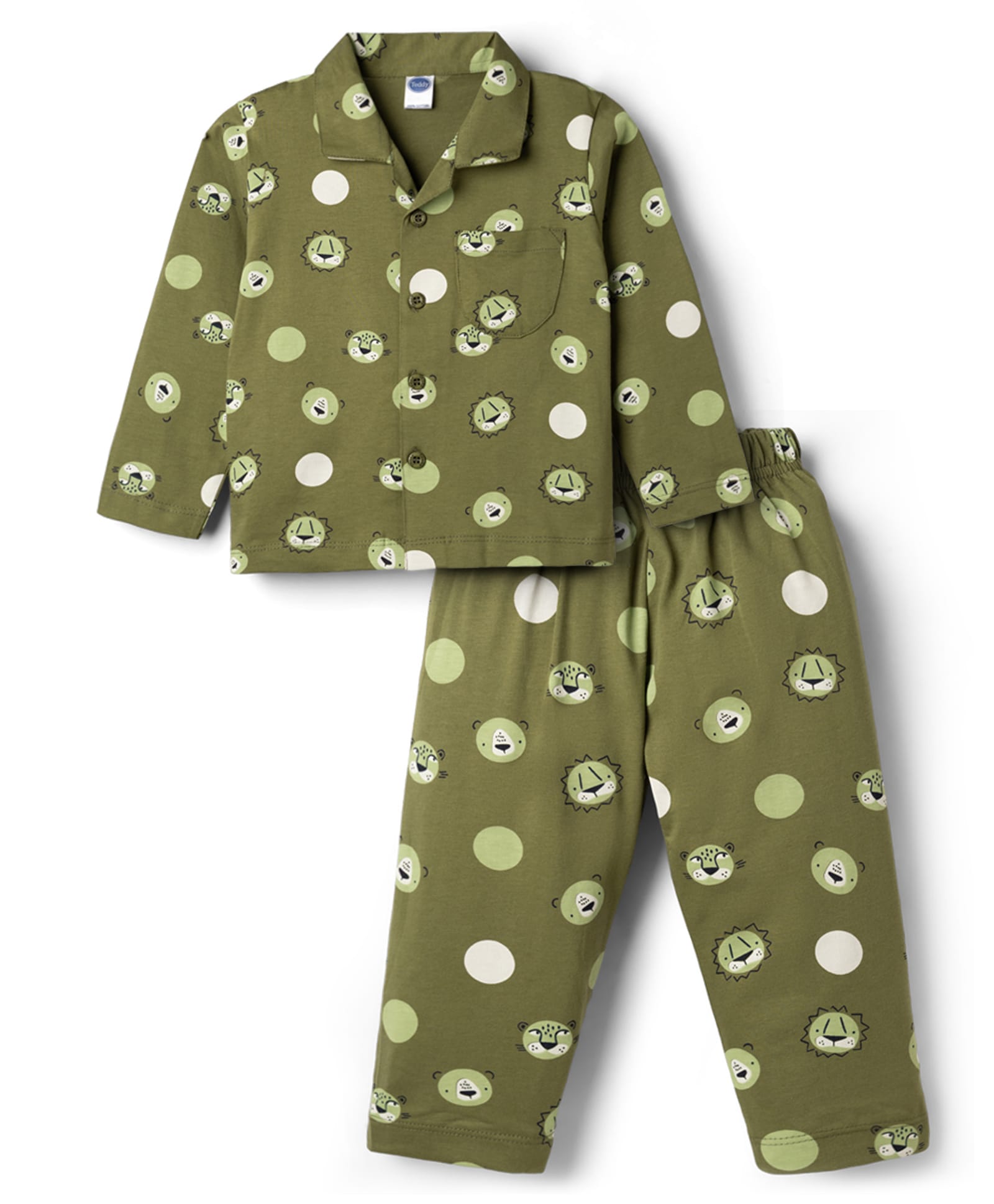 Teddy Sinker Knit Full Sleeves Co-ord Shirt & Pyjama Night Suit With Animal Print - Green-image-23