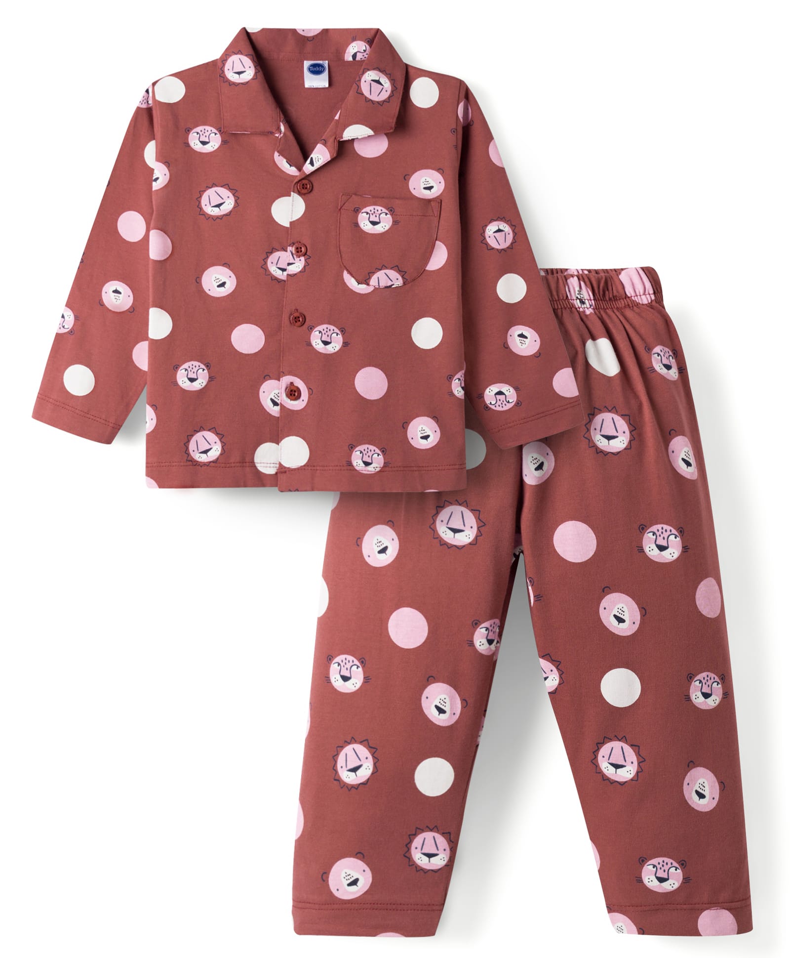 Teddy Sinker Knit Full Sleeves Co-ord Shirt & Pyjama Night Suit With Animal Print - Dark Pink-picture-19