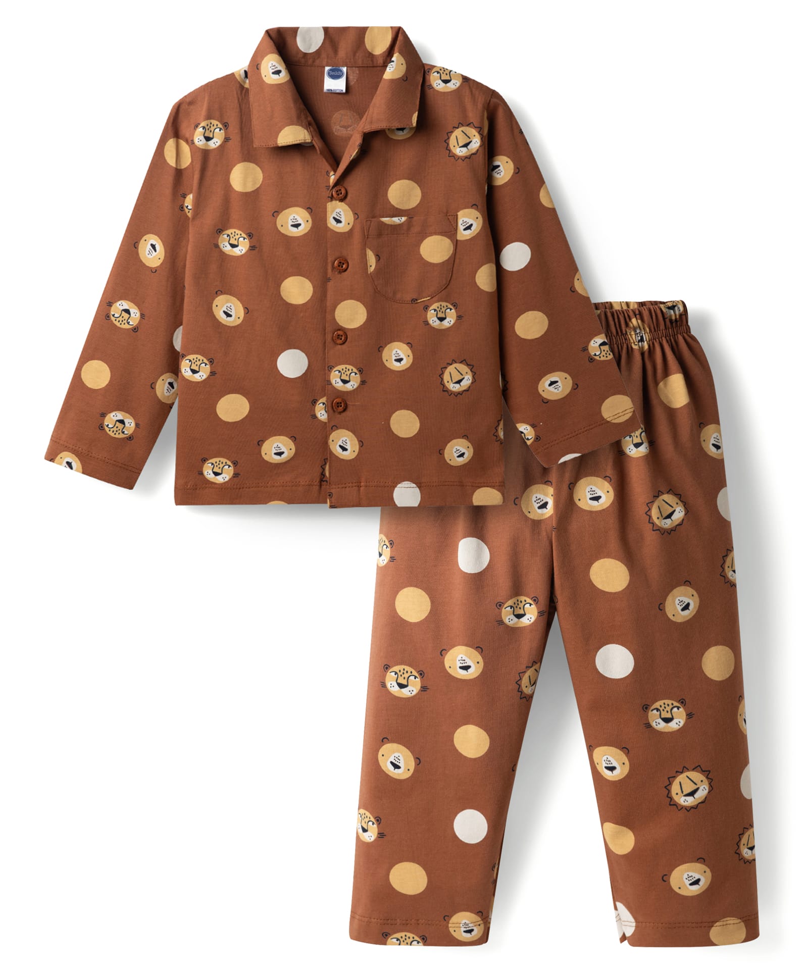 Teddy Sinker Knit Full Sleeves Co-ord Shirt & Pyjama Night Suit With Animal Print - Rust Orange-picture-20