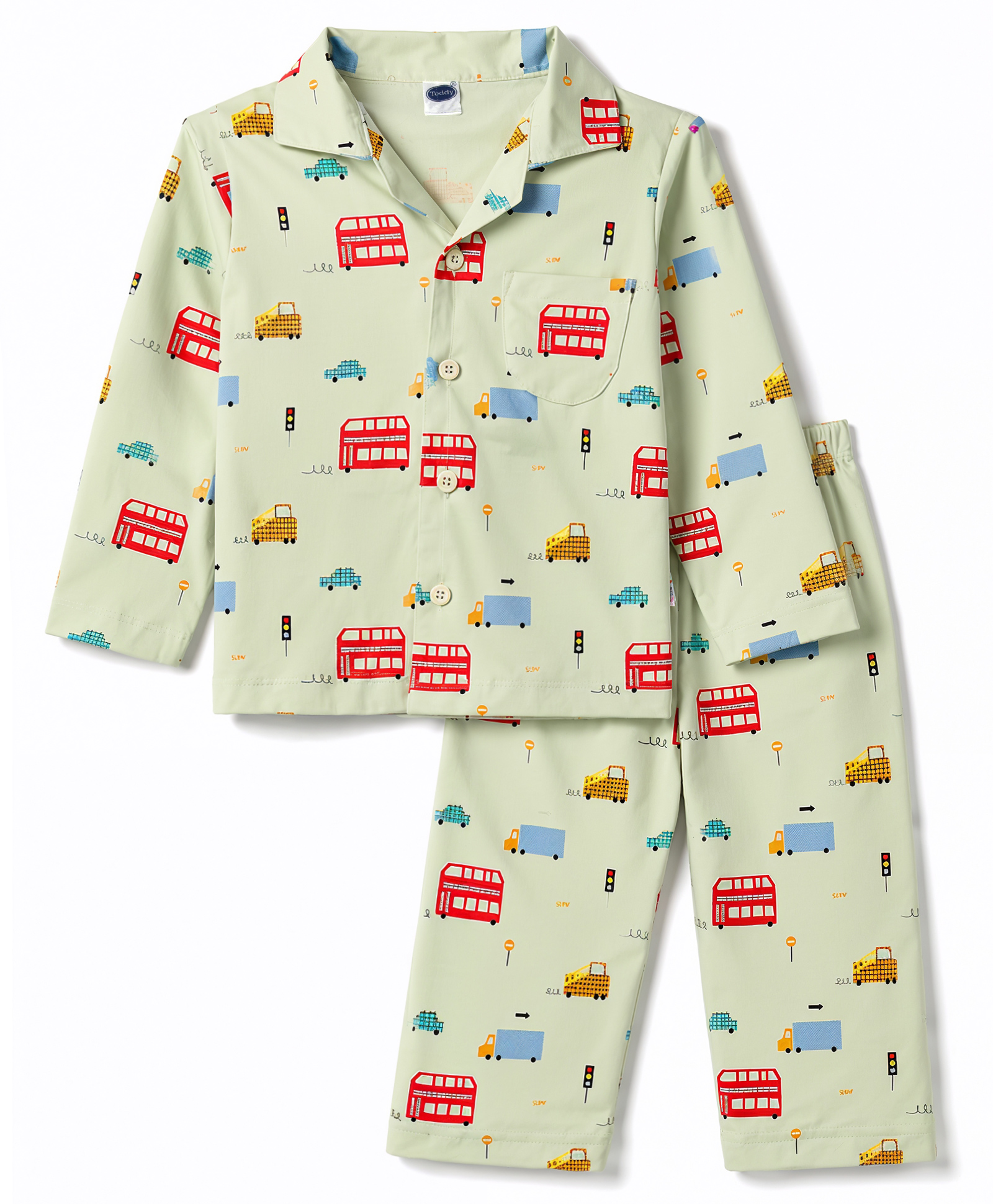 Teddy Sinker Knit Full Sleeves Car Printed Co-Ords Shirt & Pyjama Night Suit - Sea Green-picture-31