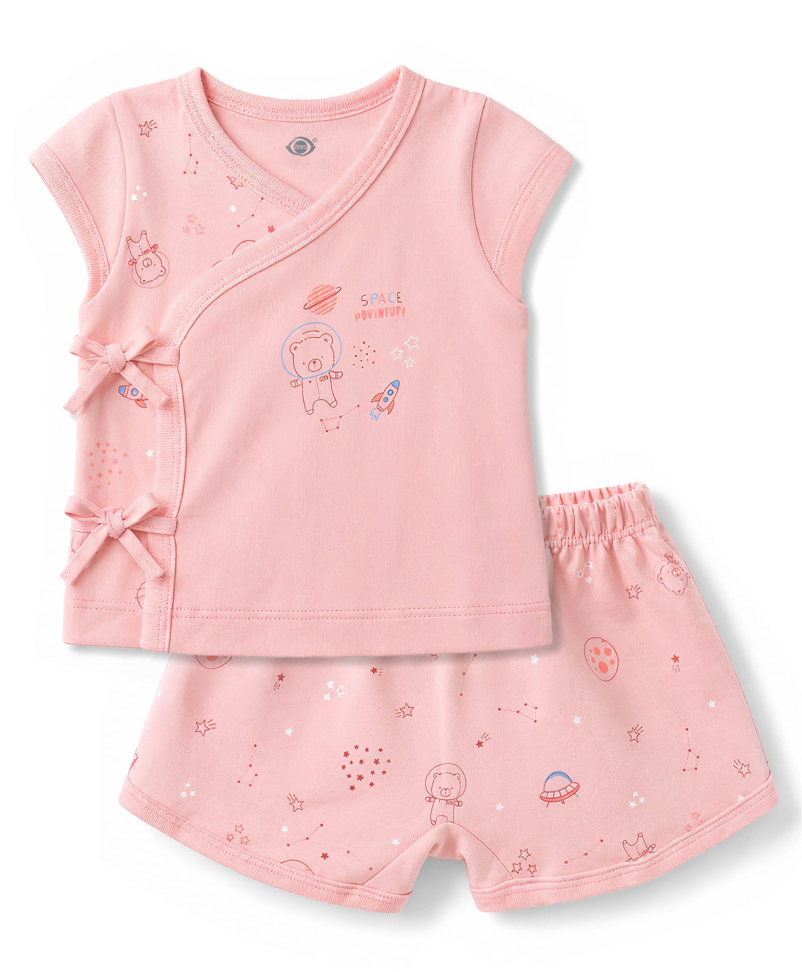 Zero Sinker Knit Half Sleeves T-Shirt & Shorts Night Suit with Space Theme Print - Peach-picture-15