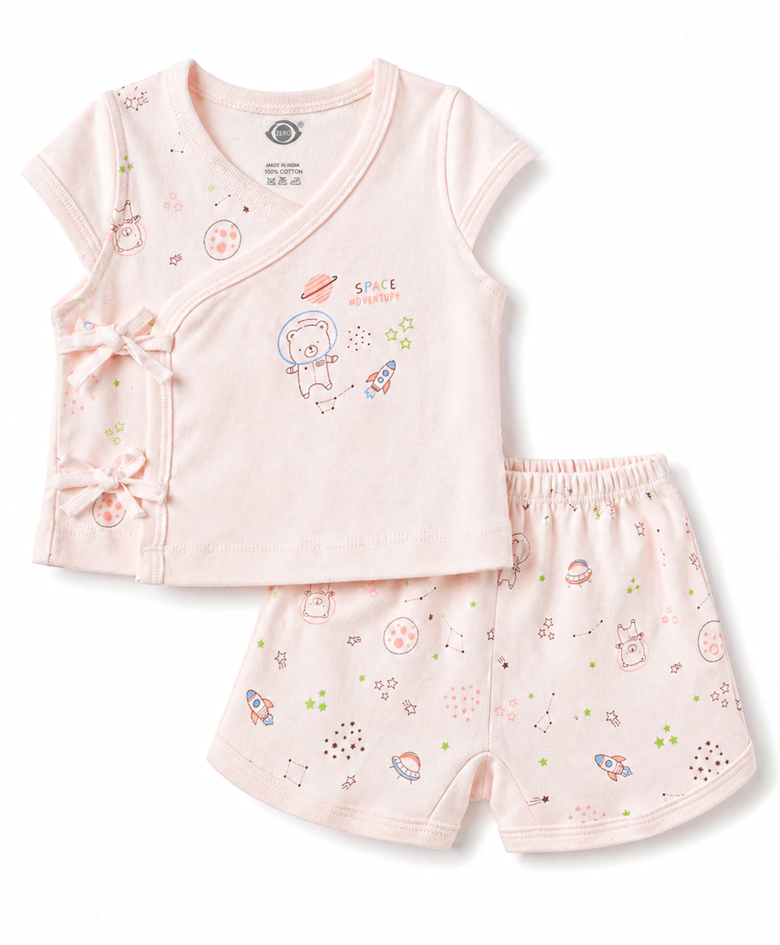 Zero Sinker Knit Half Sleeves Bear & Space Theme Printed T-Shirt & Shorts Night Suit - Light Peach-image-37