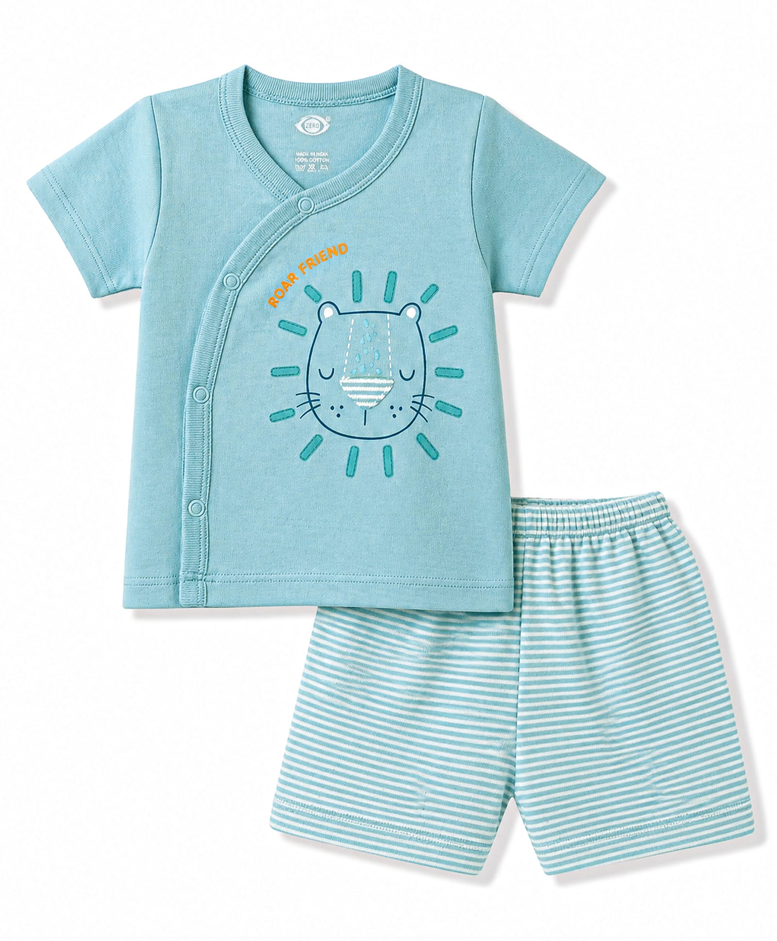 Zero Sinker Knit Half Sleeves Lion Printed & Striped T-Shirt & Shorts Night Suit With Patch - Aqua Blue-picture-10