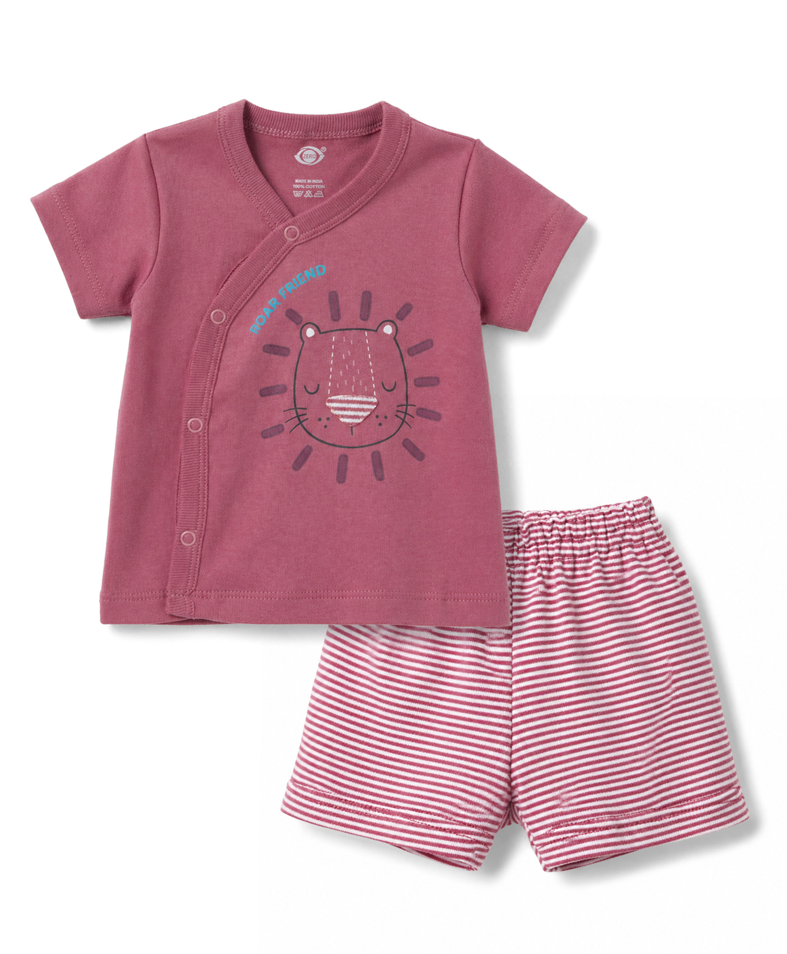 Zero Sinker Knit Half Sleeves Lion & Striped Printed T-Shirt & Shorts Night Suit With Patch- Dark Pink-image-42