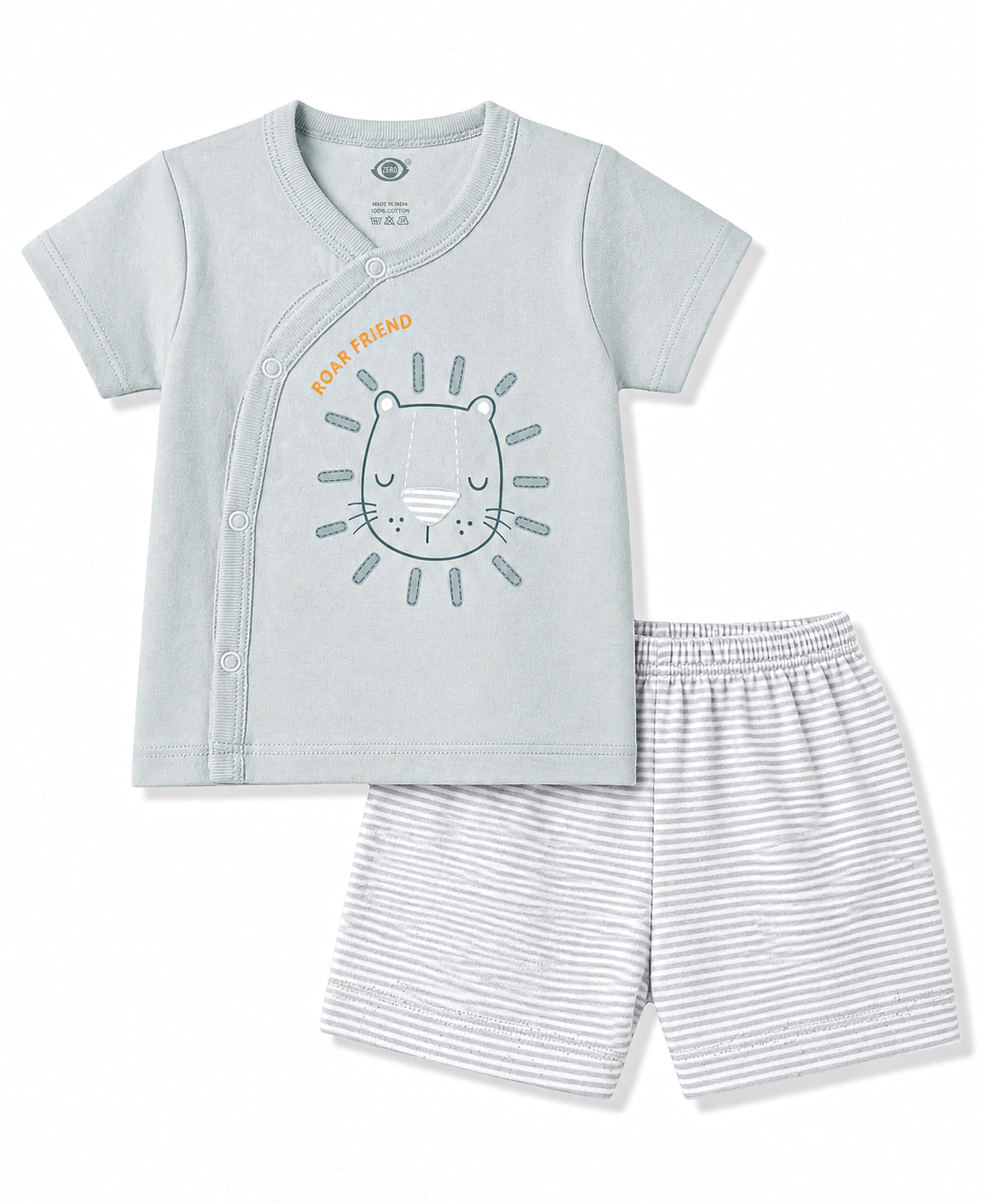 Zero Sinker Knit Half Sleeves Lion Printed & Striped T-Shirt & Shorts Night Suit With Patch - Silver-image-20