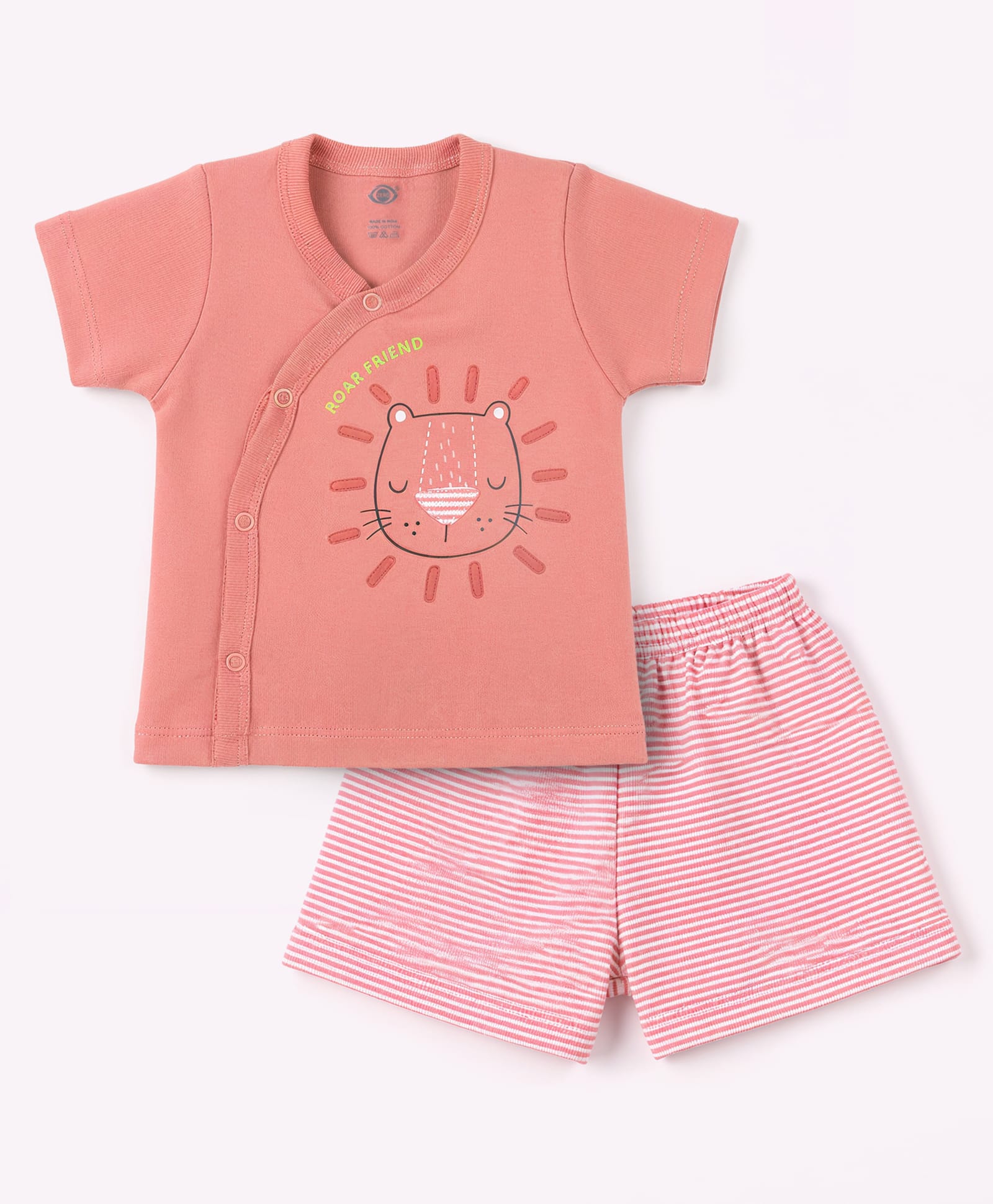 Zero Sinker Knit Half Sleeves Lion Printed & Striped T-Shirt & Shorts Night Suit With Patch - Baby Pink-picture-15