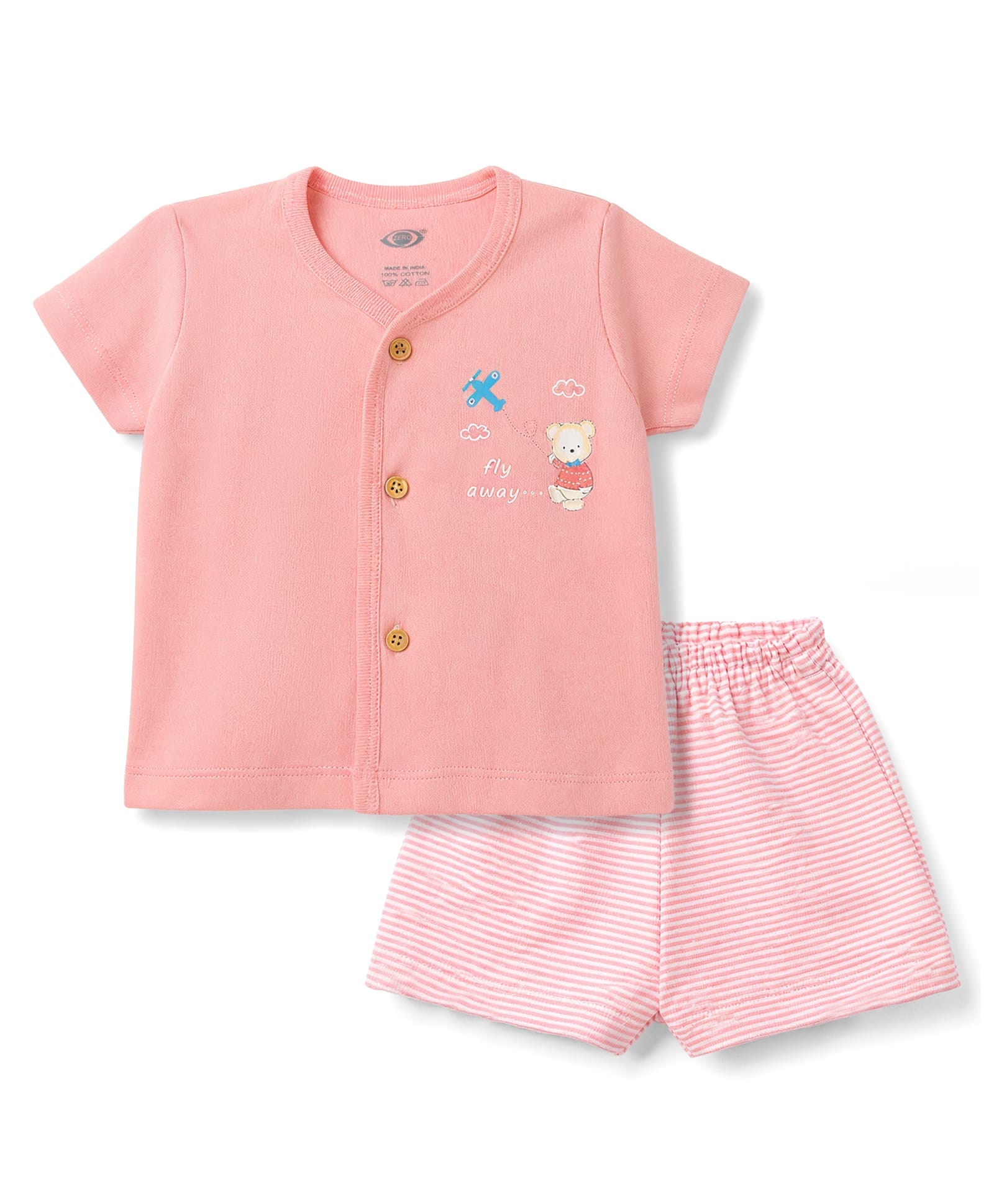 Zero Sinker Knit Half Sleeves Bear Printed & Striped T-Shirt & Shorts Night Suit - Pink-picture-32