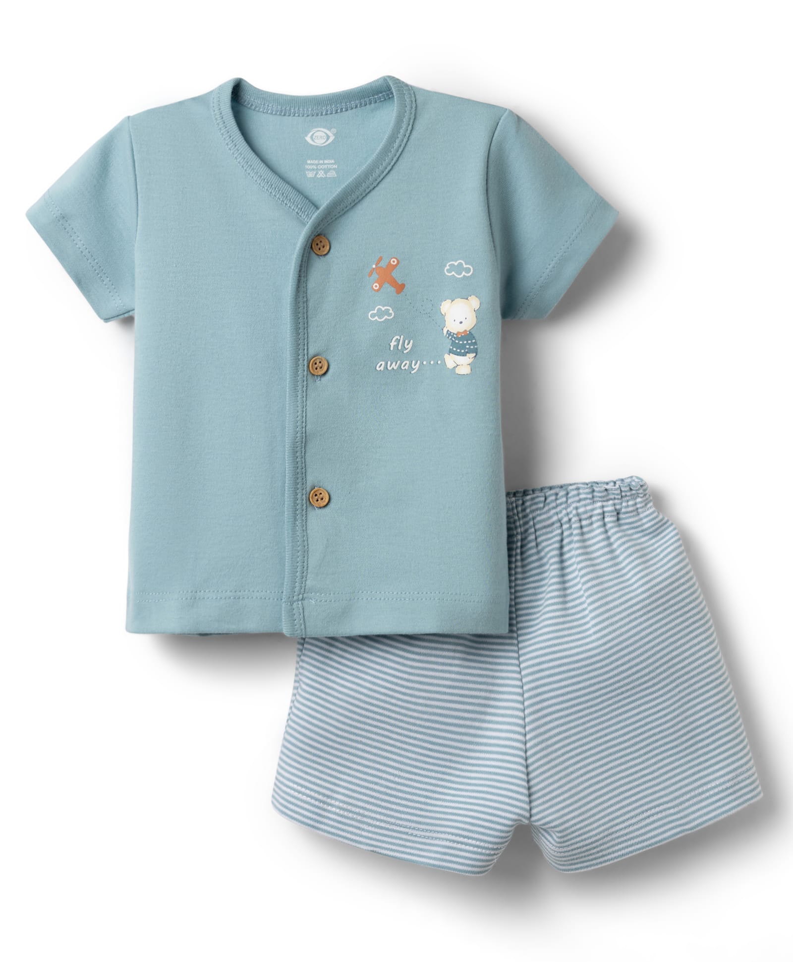Zero Sinker Knit Half Sleeves Bear Printed & Striped T-Shirt & Shorts Night Suit - Light Blue-image-43
