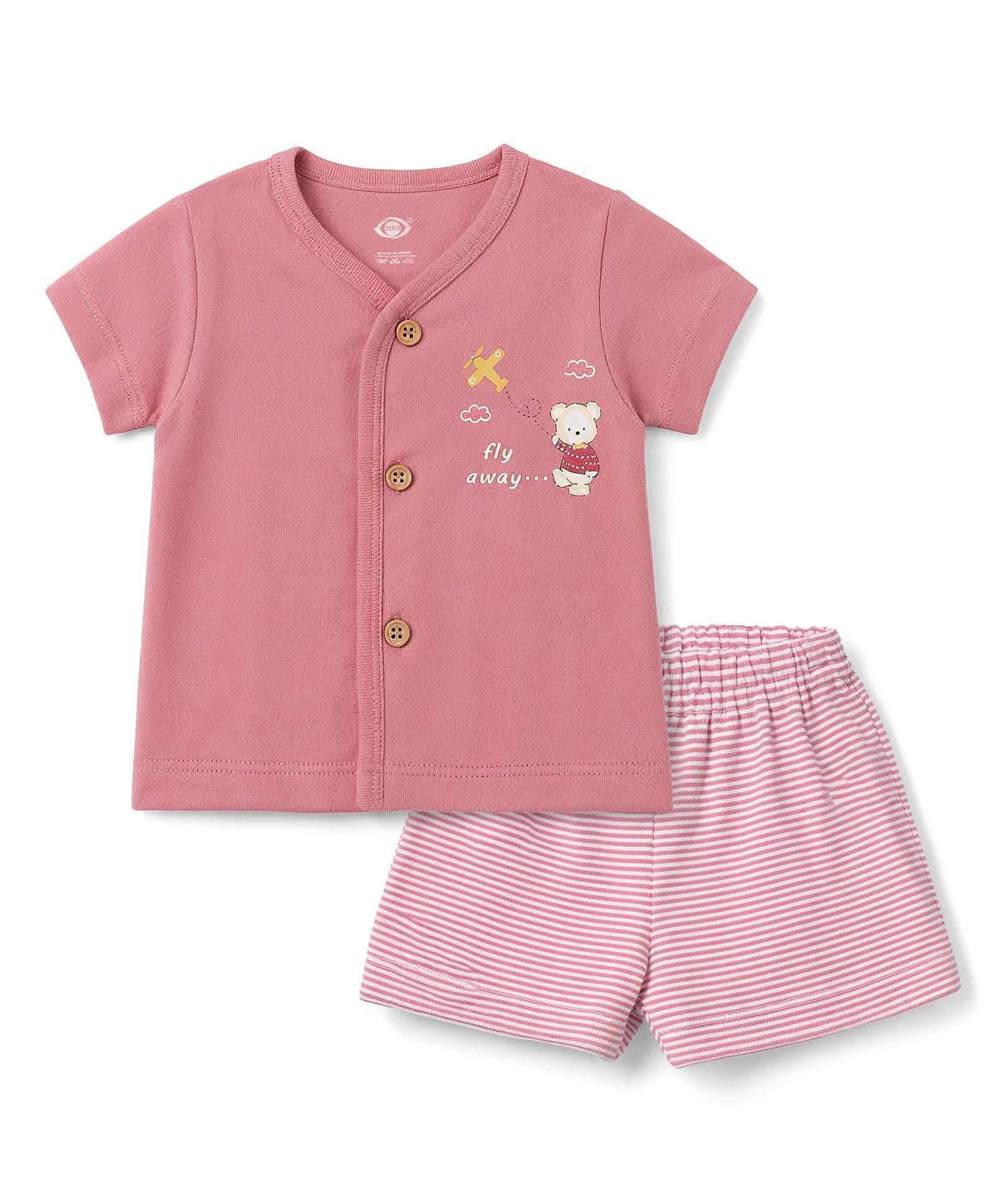 Zero Sinker Knit Half Sleeves Bear Printed & Striped T-Shirt & Shorts Night Suit - Pink-picture-36