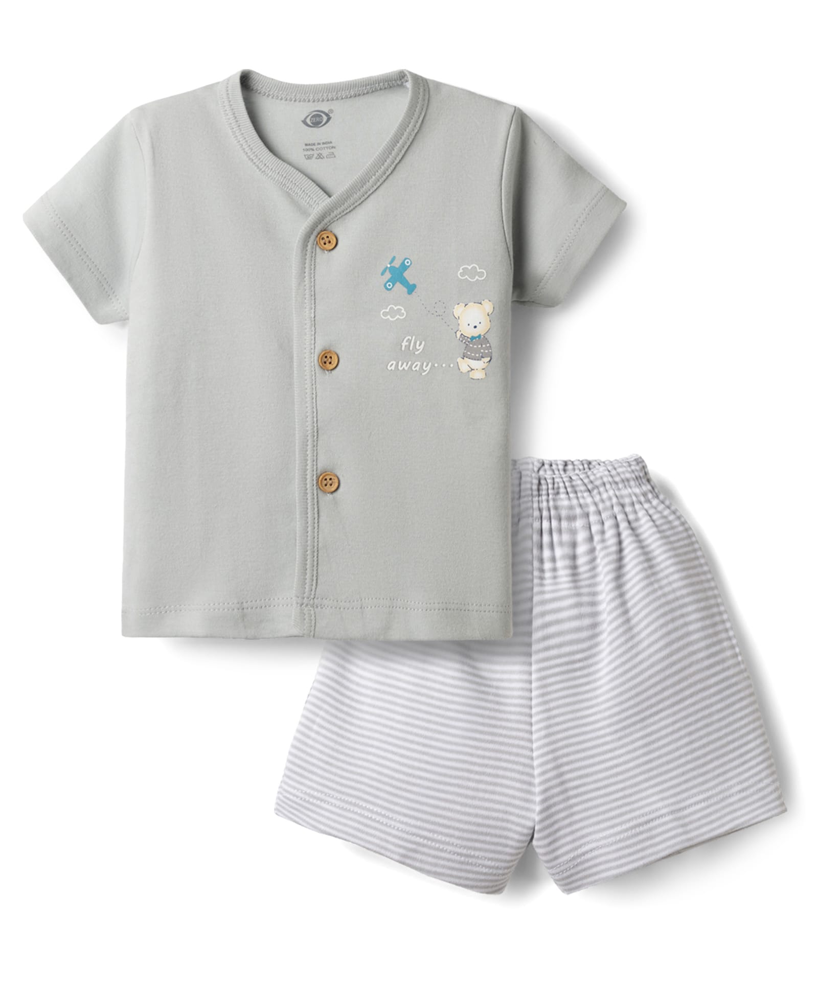 Zero Sinker Knit Half Sleeves Bear Printed & Striped T-Shirt & Shorts Night Suit - Silver-picture-28