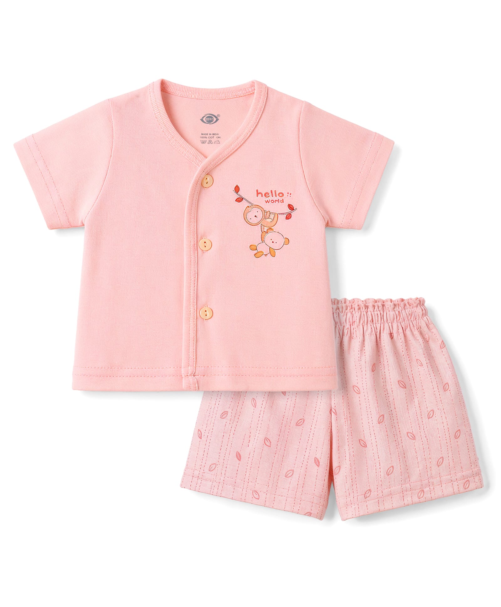 Zero Sinker Knit Half Sleeves Animal Printed & Striped T-Shirt & Shorts Night Suit - Peach-picture-5
