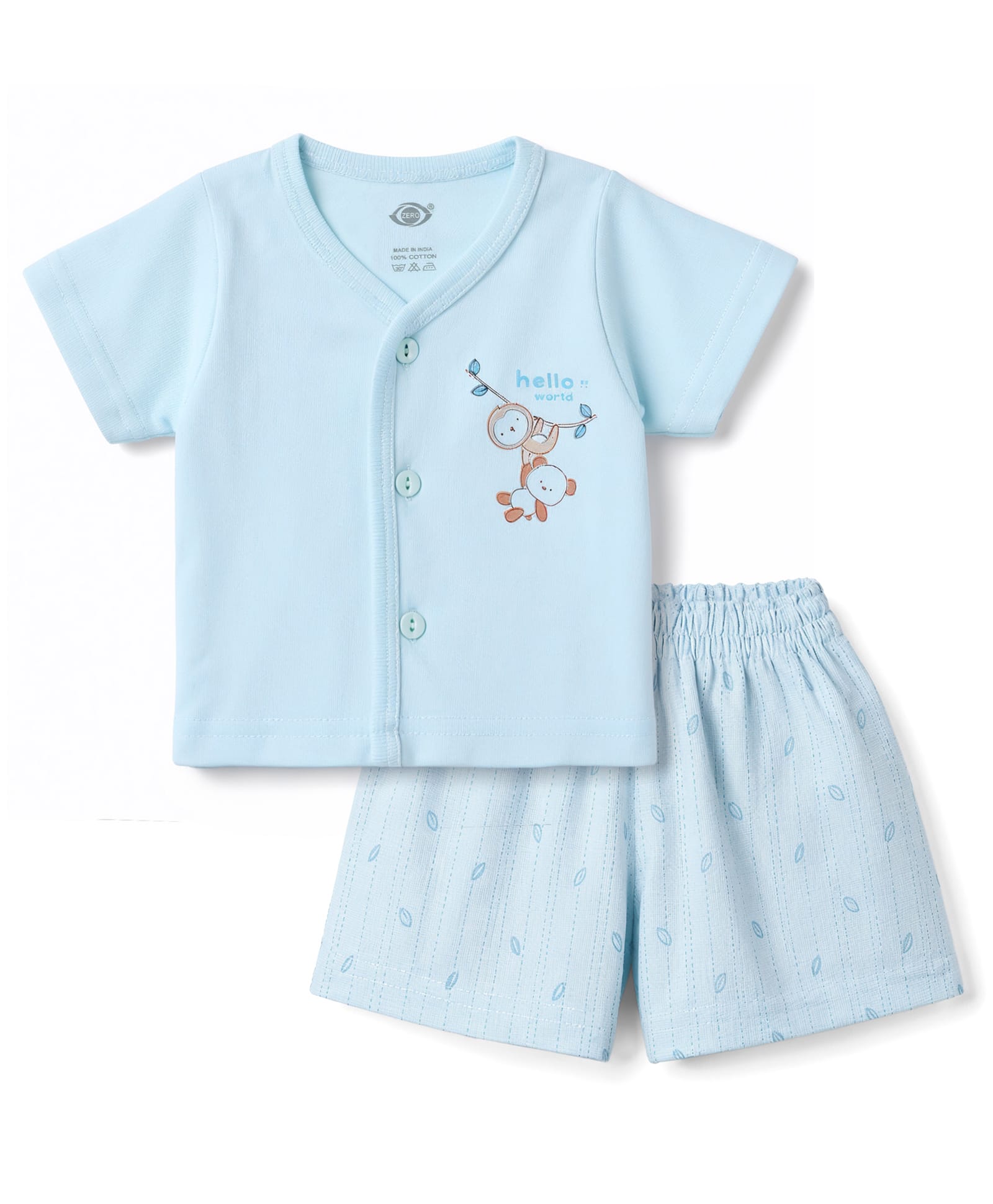 Zero Sinker Knit Half Sleeves Animal Printed & Striped T-Shirt & Shorts Night Suit - Aqua Blue-image-0