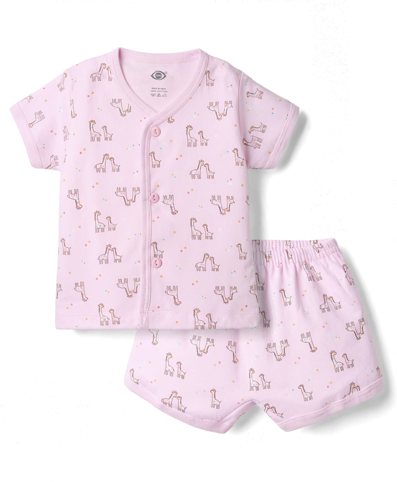 Zero Sinker Knit Half Sleeves GIraffe Printed Co-Ords T-Shirt & Shorts Night Suit - Pink-picture-42