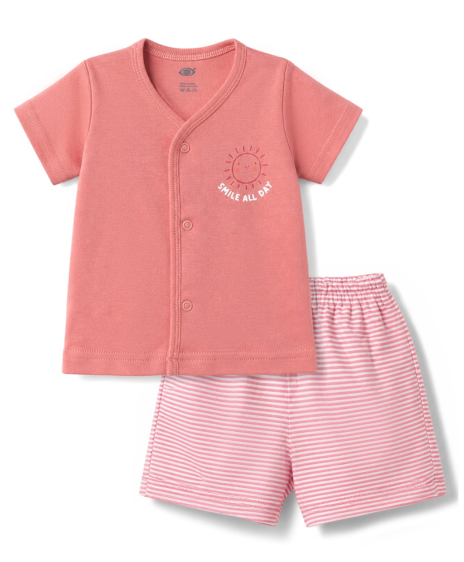 Zero Sinker Knit Half Sleeves Sun Printed & Striped T-Shirt & Shorts Night Suit - Peach-picture-17