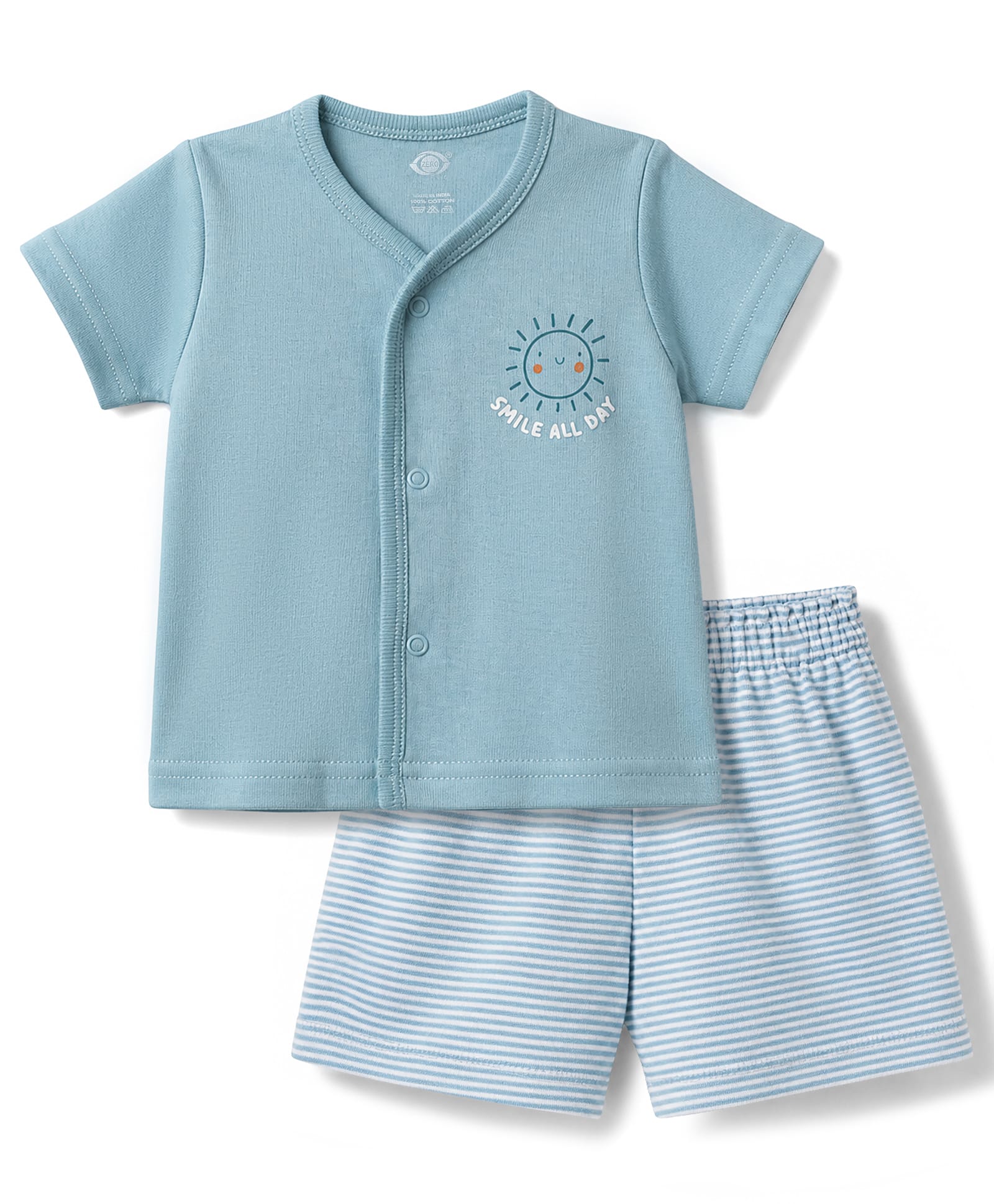 Zero Sinker Knit Half Sleeves Sun Printed & Striped T-Shirt & Shorts Night Suit - Light Blue-picture-41