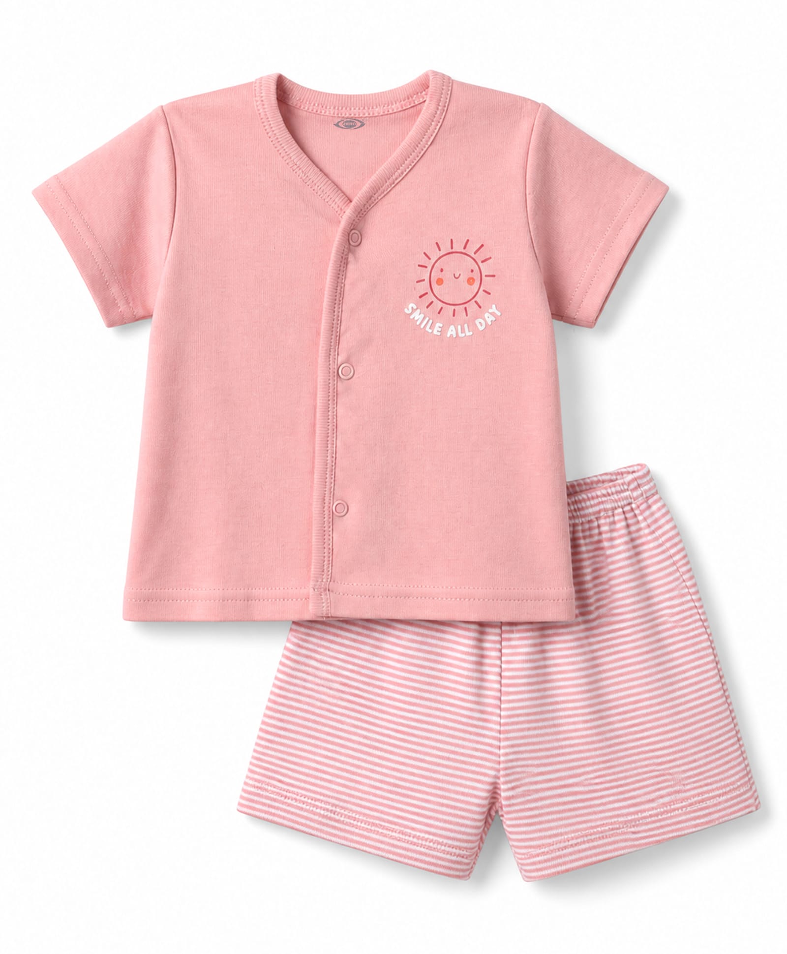 Zero Sinker Knit Half Sleeves Sun Printed & Striped T-Shirt & Shorts Night Suit - Pink-image-46