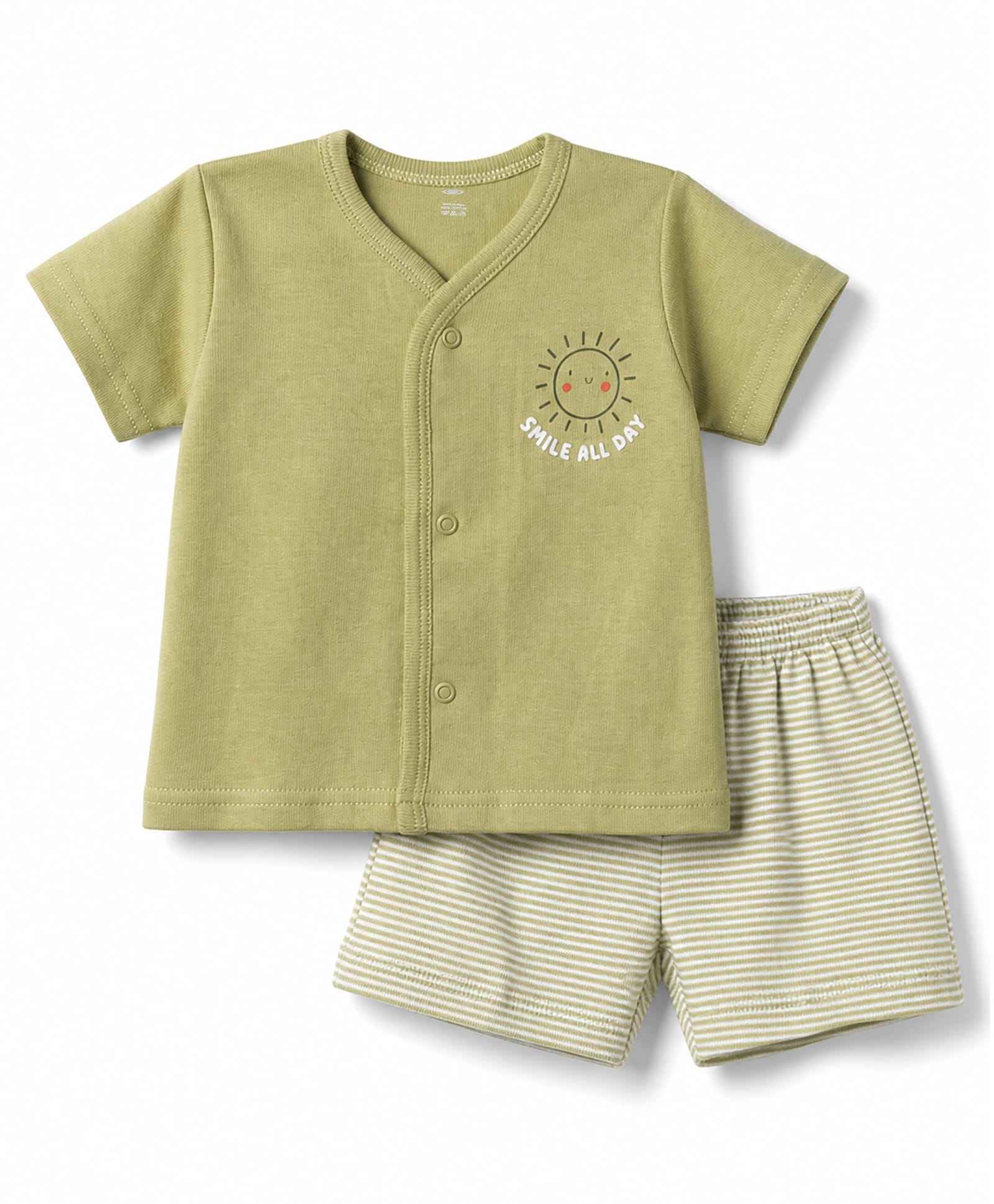 Zero Sinker Knit Half Sleeves Sun Printed & Striped T-Shirt & Shorts Night Suit - Olive Green-image-0