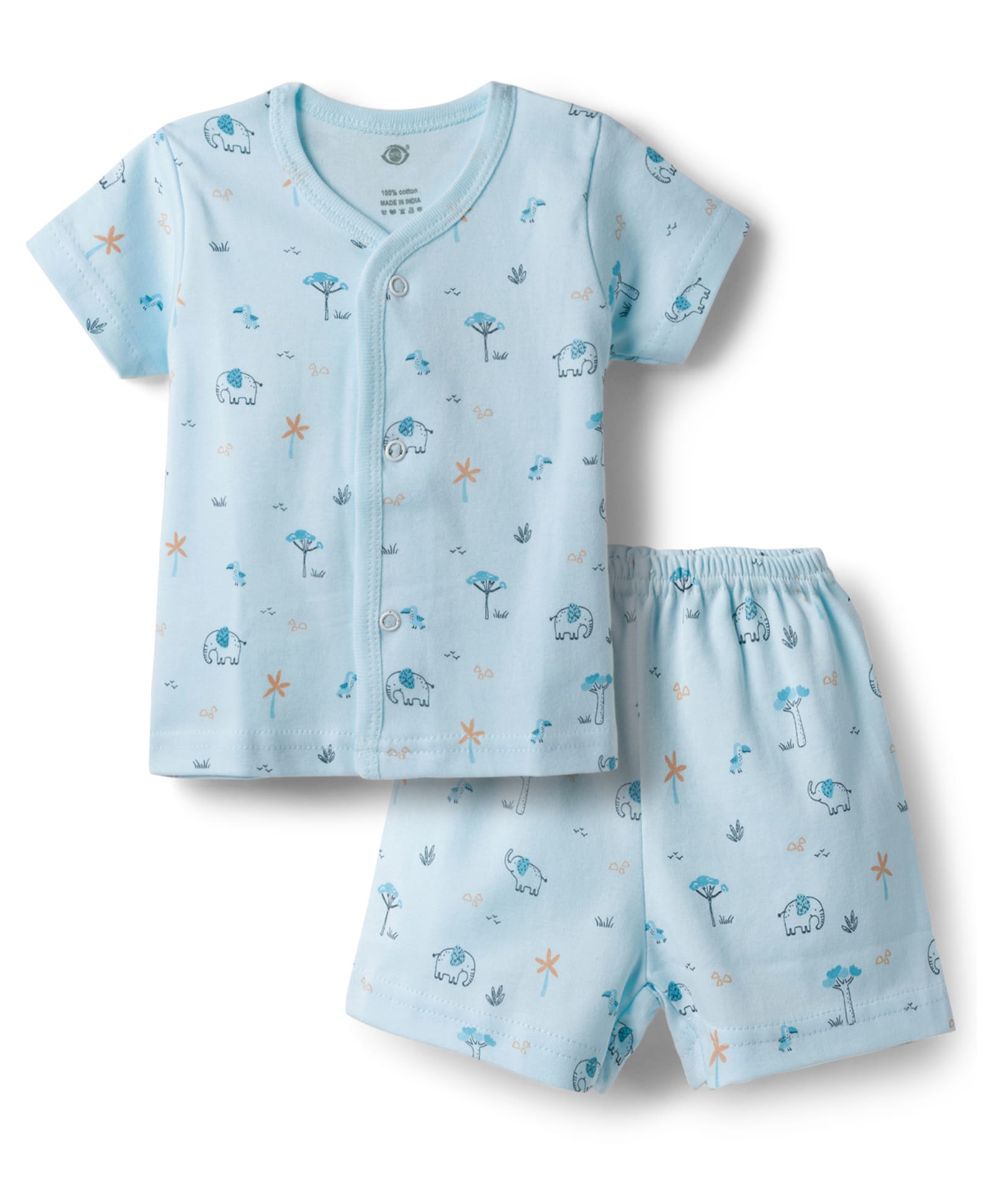 Zero Sinker Knit Half Sleeves Elephant Printed Co-Ords T-Shirt & Shorts Night Suit - Light Blue-picture-29