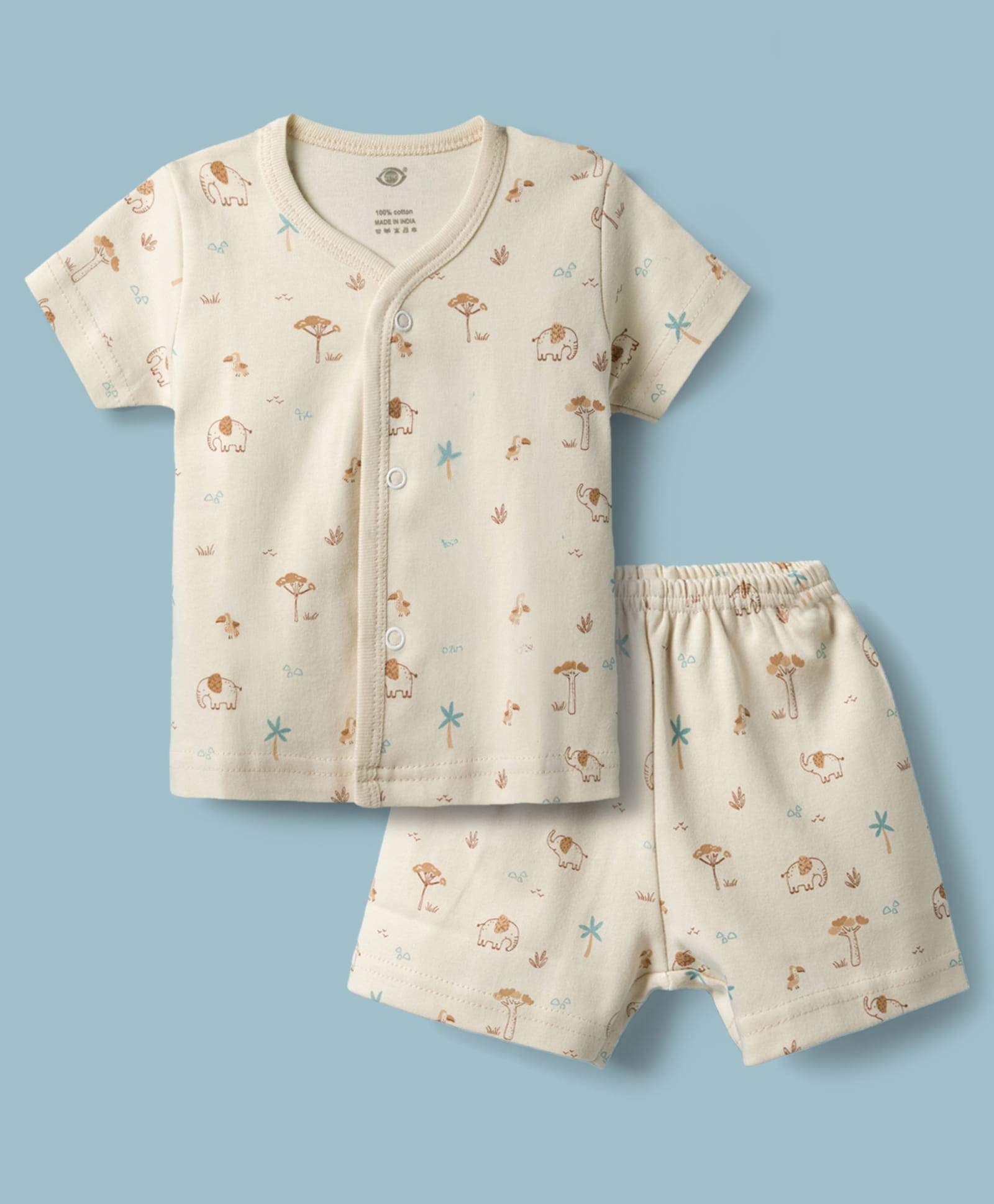Zero Sinker Knit Half Sleeves Elephant Printed Co-Ords T-Shirt & Shorts Night Suit - Beige-picture-34