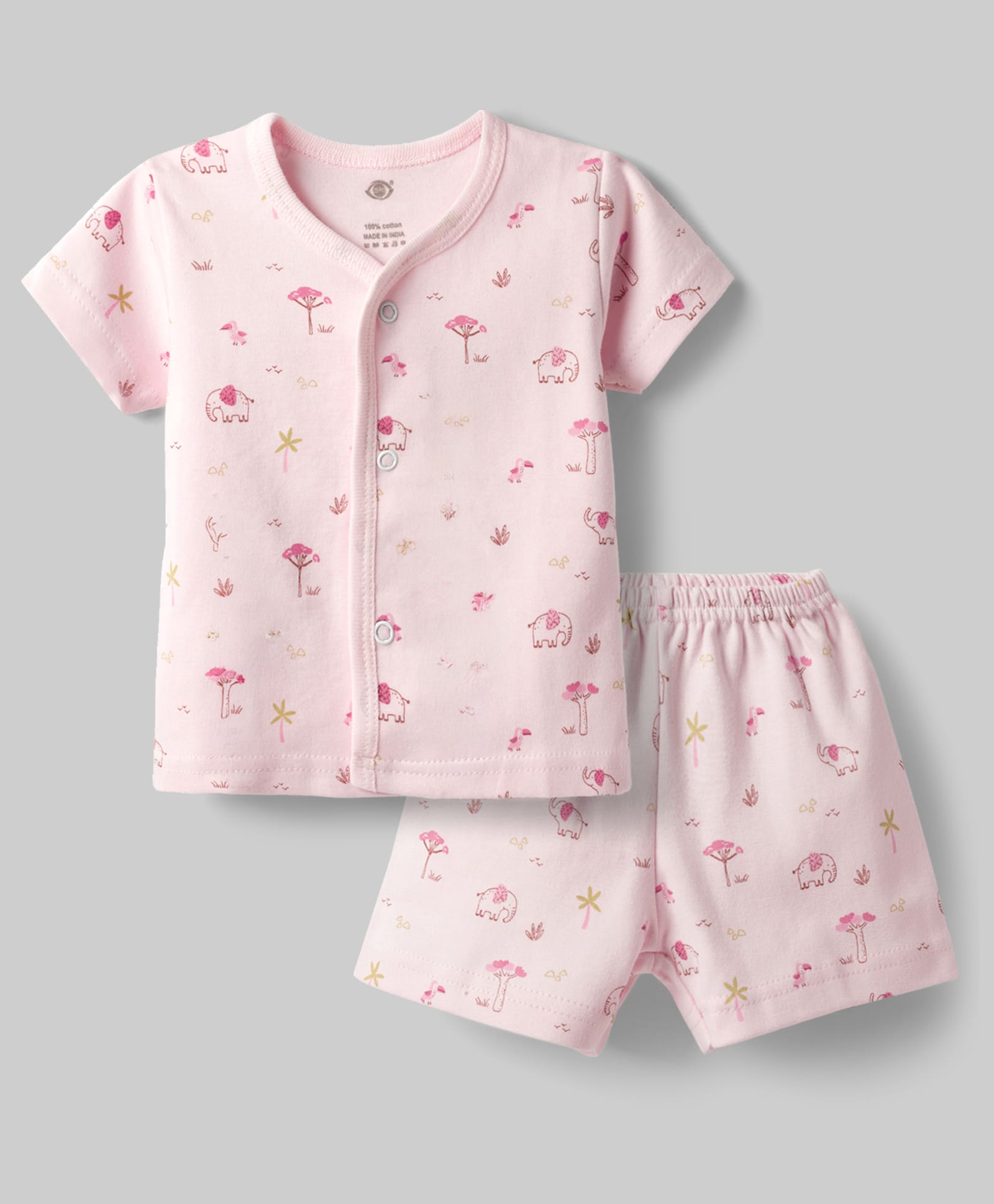 Zero Sinker Knit Half Sleeves Elephant Printed Co-Ords T-Shirt & Shorts Night Suit - Pink-picture-18