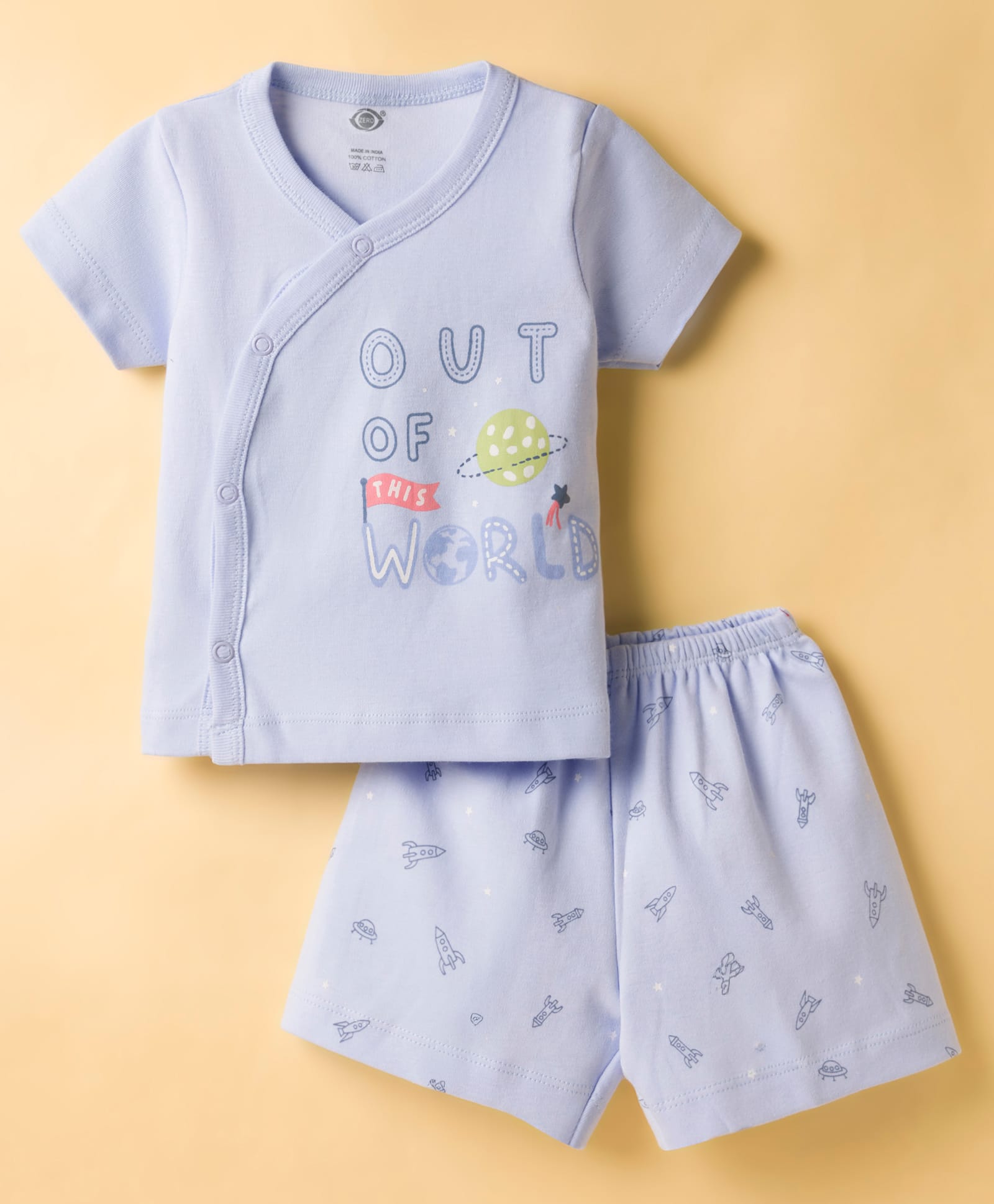 Zero Sinker Knit Half Sleeves Space Theme Printed T-Shirt & Shorts Night Suit - Light Blue-picture-13