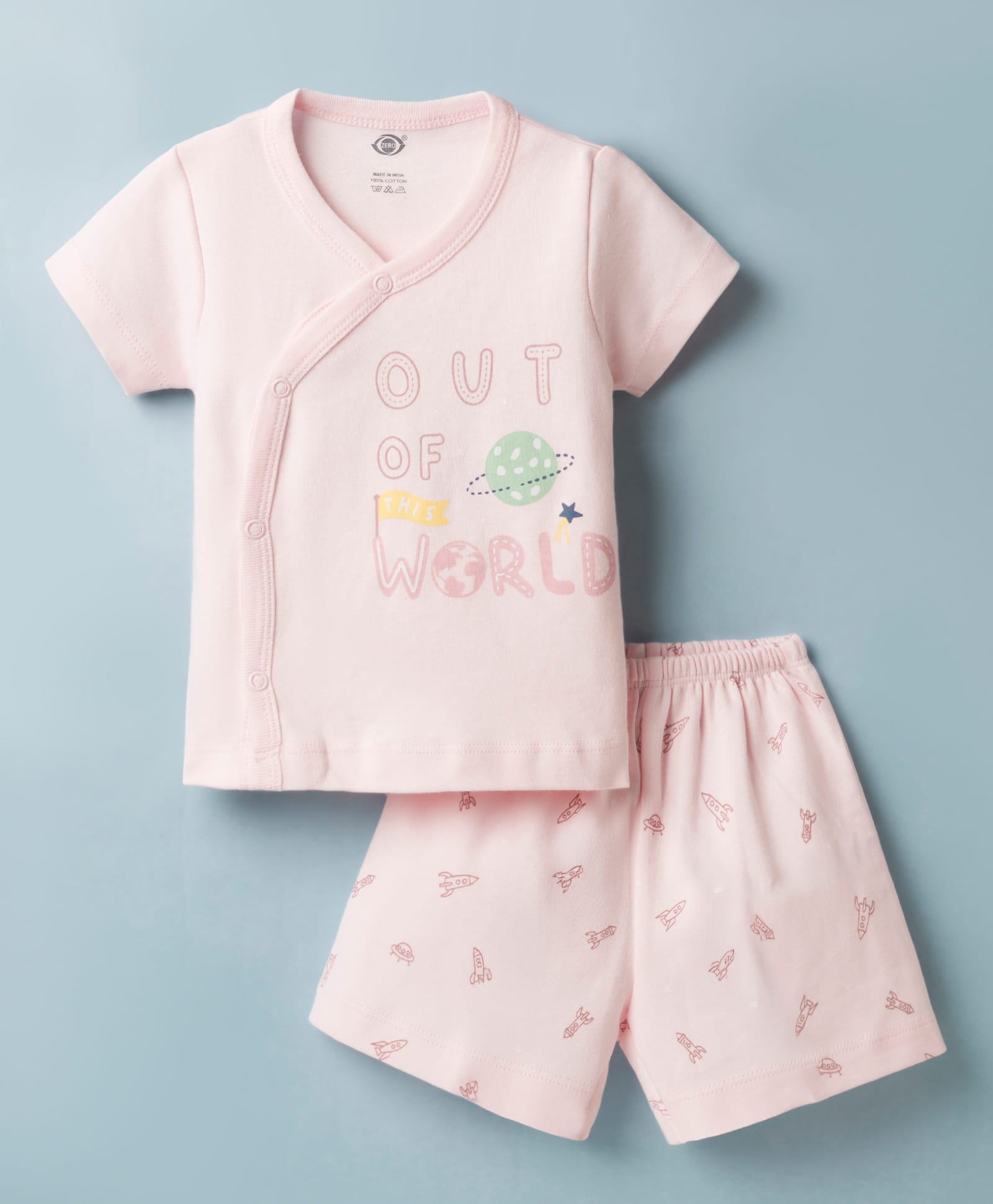 Zero Sinker Knit Half Sleeves Space Theme Printed T-Shirt & Shorts Night Suit - Peach-image-30