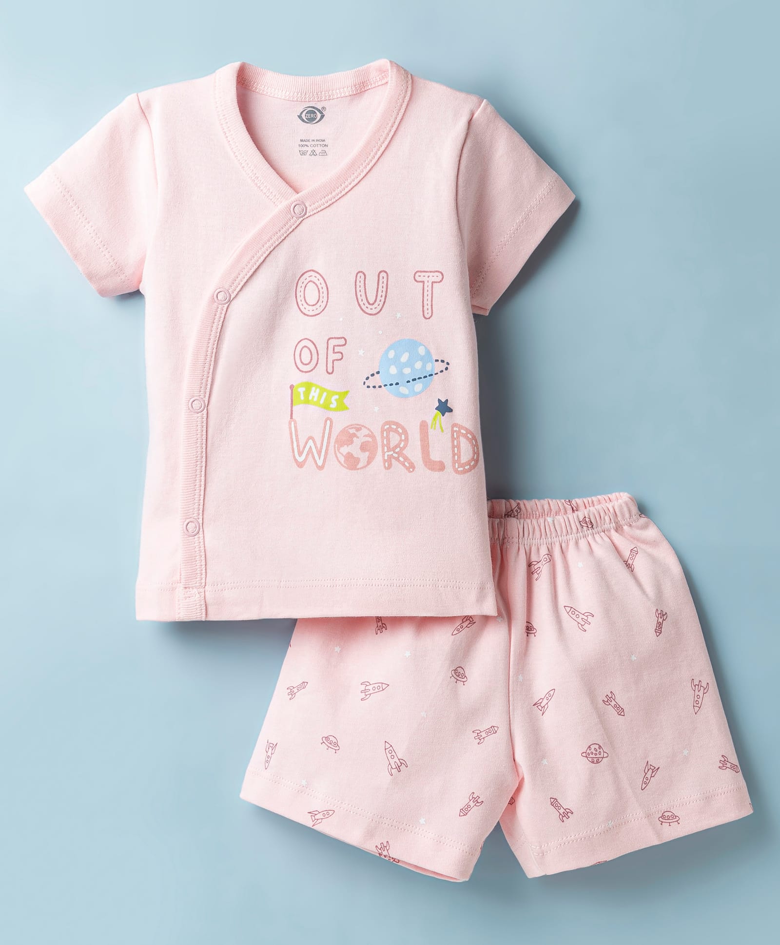 Zero Sinker Knit Half Sleeves T-Shirt & Shorts Night Suit with Space Theme Print - Pink-picture-37