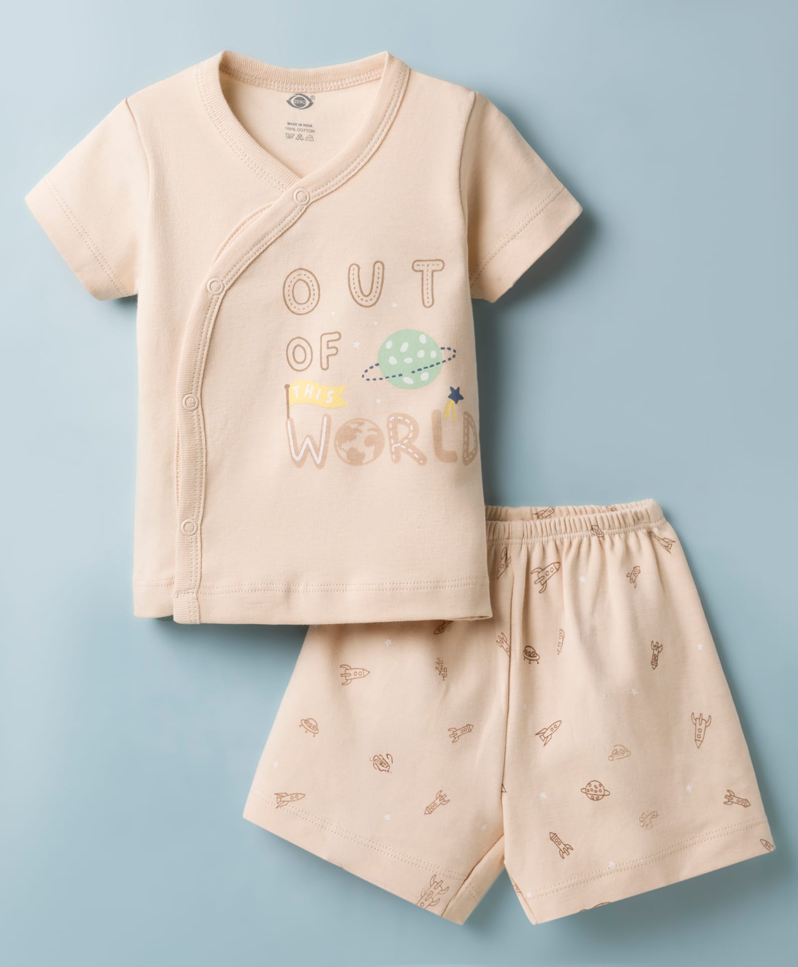 Zero Sinker Knit Half Sleeves Space Theme Printed T-Shirt & Shorts Night Suit - Beige-picture-14
