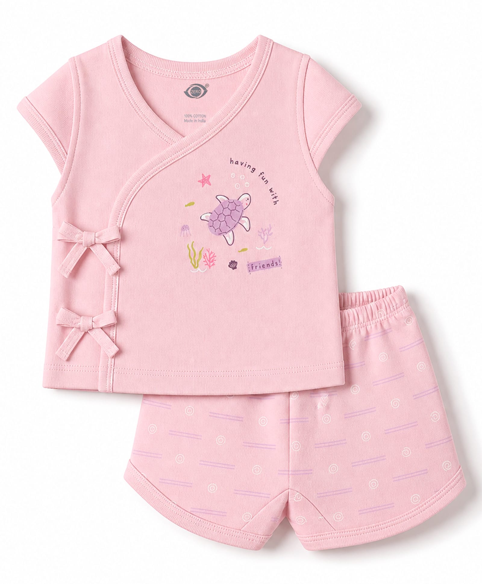 Zero Sinker Knit Half Sleeves Sea Life Printed T-Shirt & Shorts Night Suit - Pink-picture-38