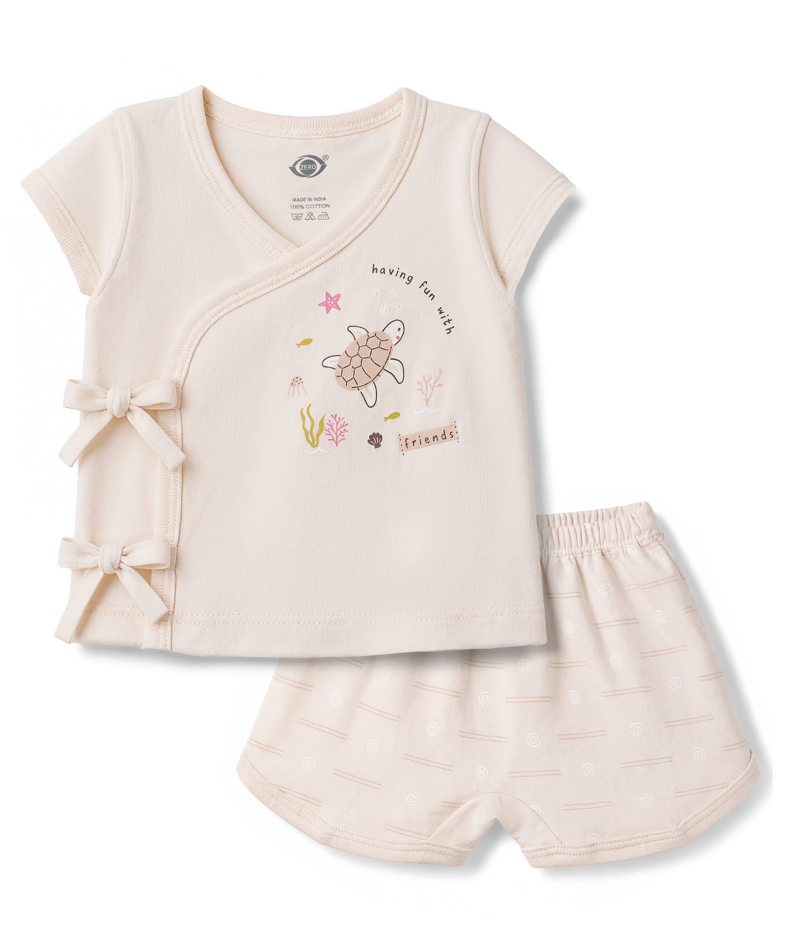 Zero Sinker Knit Half Sleeves Sea Life Printed T-Shirt & Shorts Night Suit - Cream-picture-3
