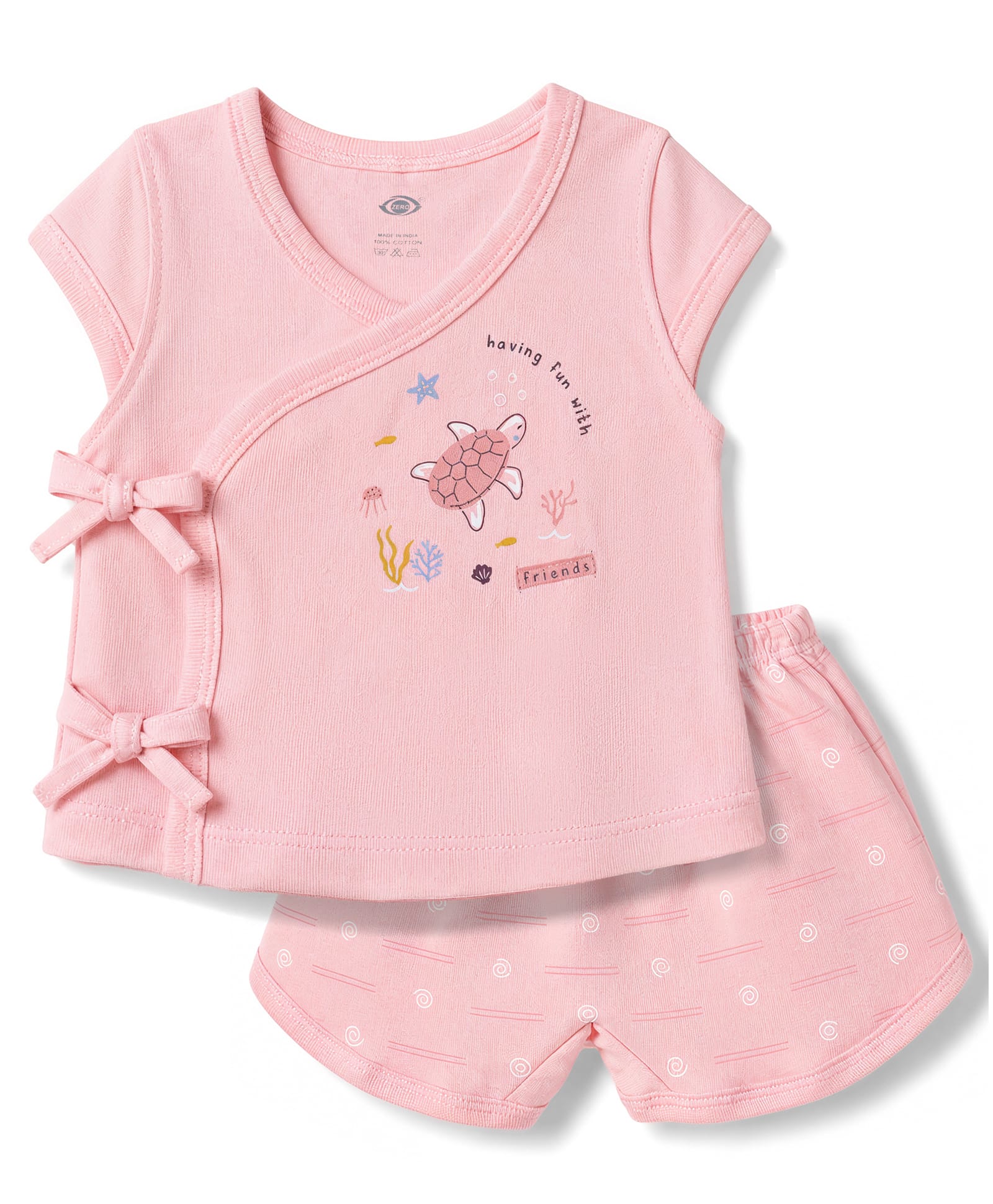 Zero Sinker Knit Half Sleeves Sea Life Printed T-Shirt & Shorts Night Suit - Light Peach-picture-5