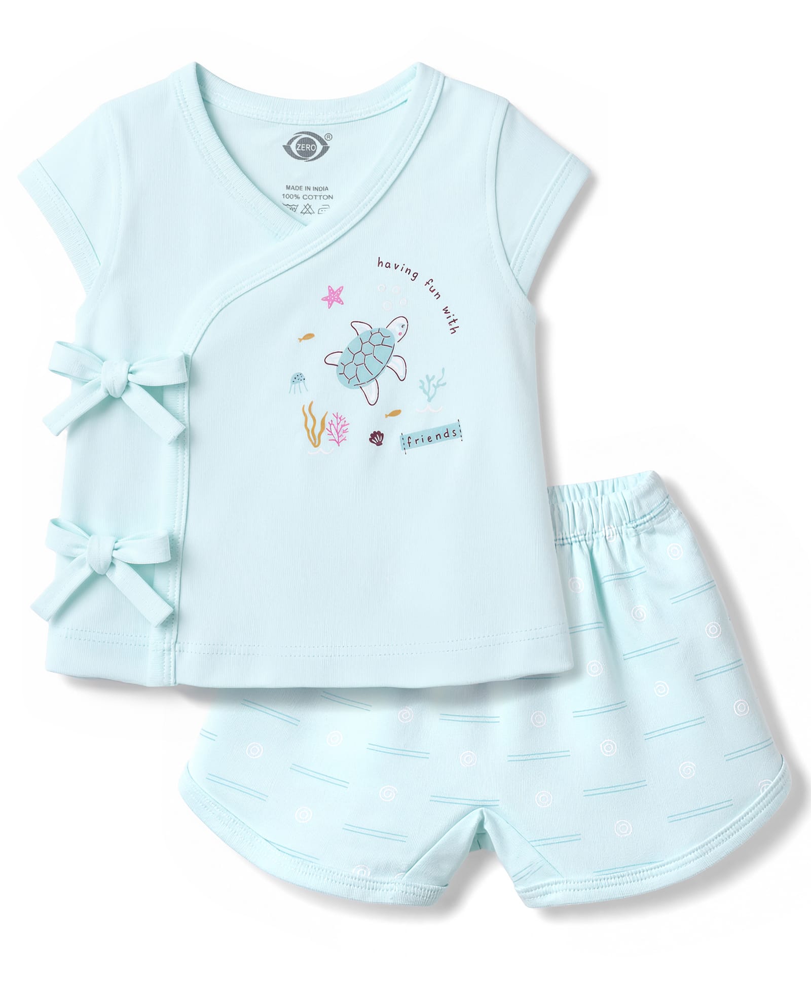 Zero Sinker Knit Half Sleeves Sea Life Printed T-Shirt & Shorts Night Suit - Sea Green-image-23