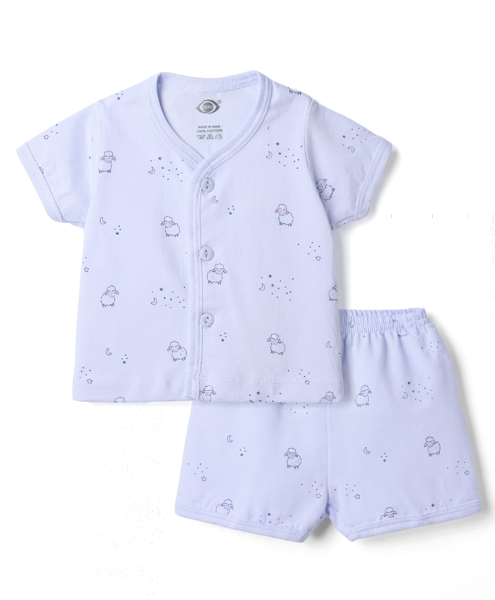 Zero Sinker Knit Half Sleeves Sheep Printed Co-Ords T-Shirt & Shorts Night Suit - Light Blue-image-34