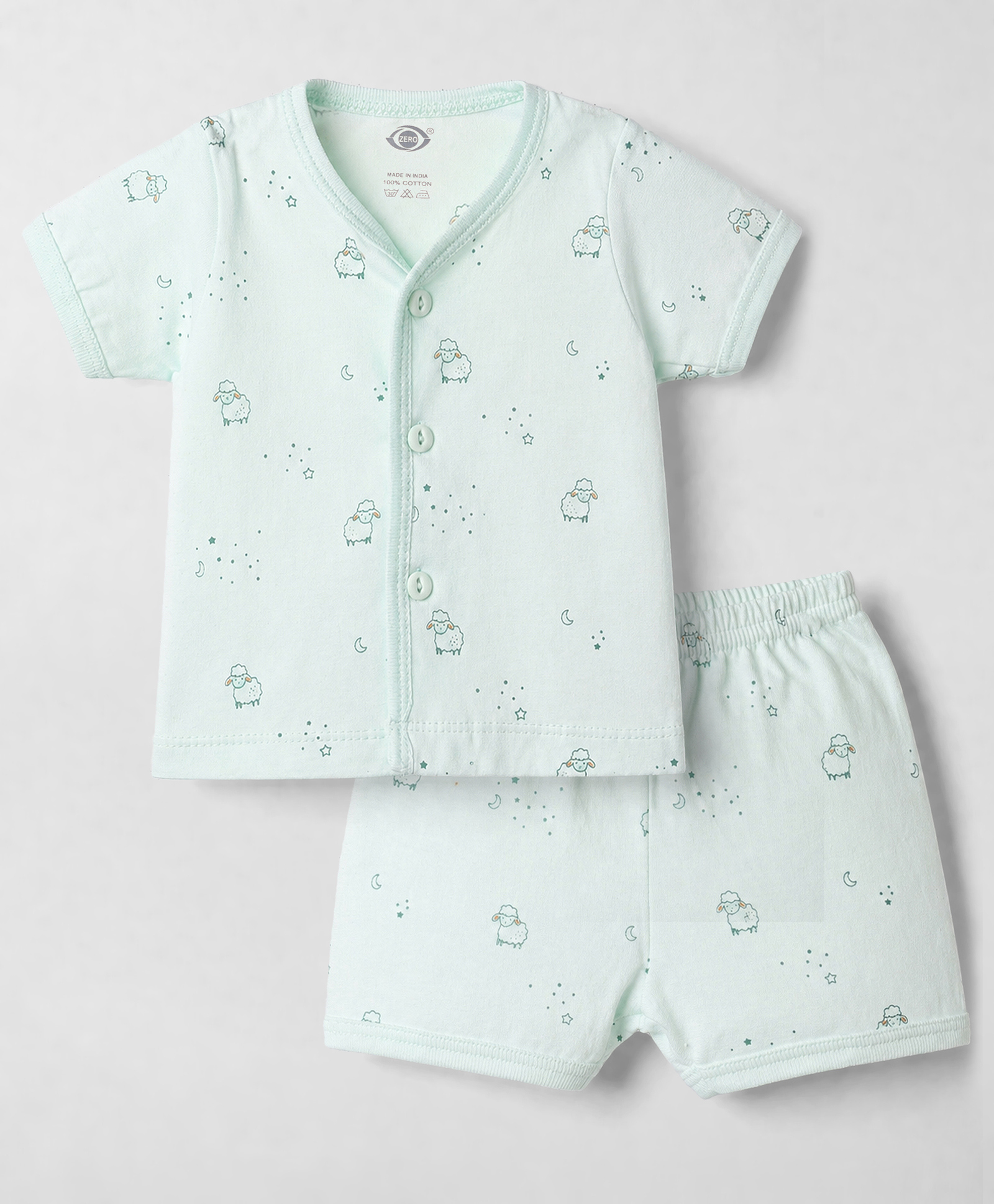 Zero Sinker Knit Half Sleeves Sheep Printed Co-Ords T-Shirt & Shorts Night Suit - Light Green-picture-27