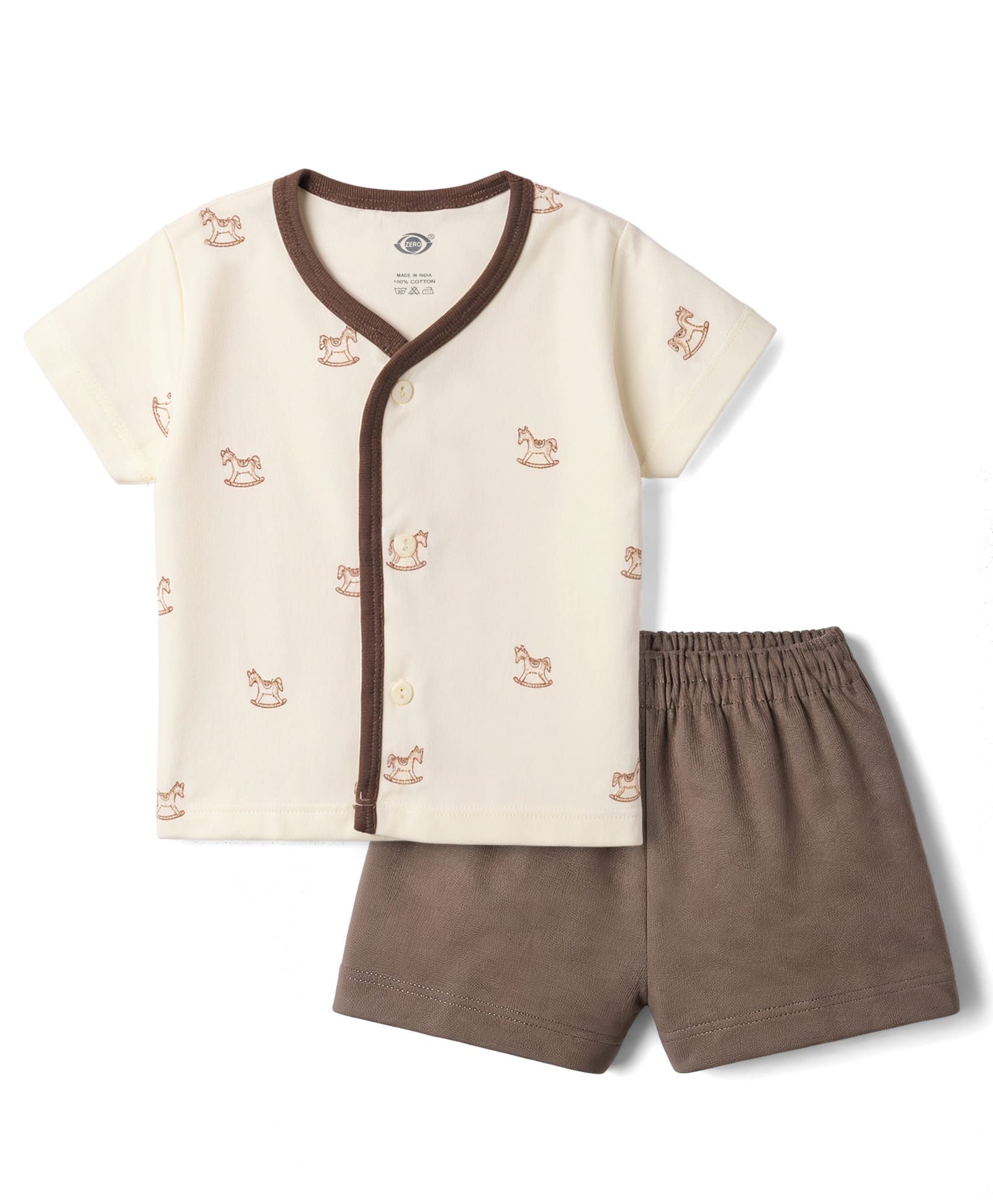 Zero Sinker Knit Half Sleeves Printed T-Shirt & Shorts Night Suit - OffWhite & Brown-image-4