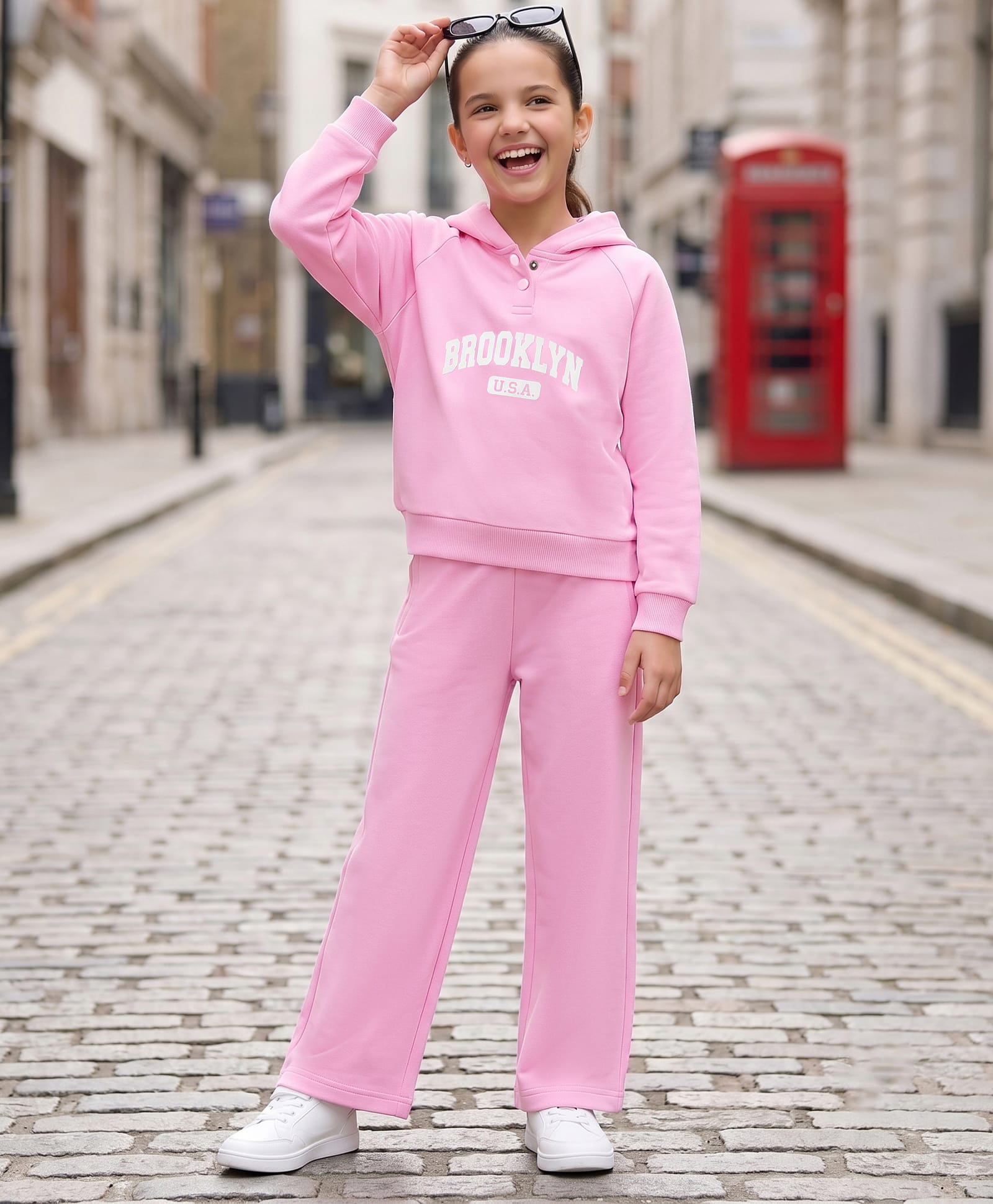 Pine Kids Looper Knit Full Raglan Sleeves Text Printed Hooded Winter Wear Sweat Jacket & Lounge Pant Set - Pink-picture-12