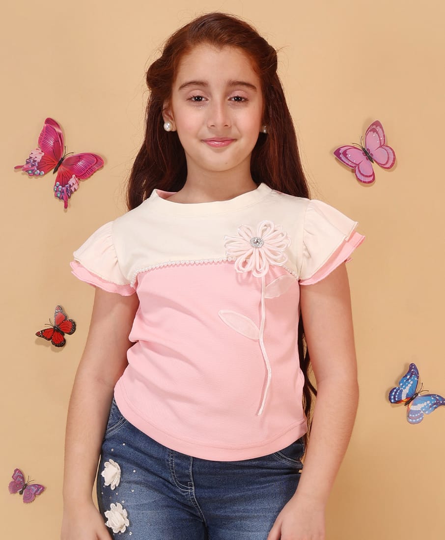 Cutecumber Knitted Cap Sleeves Pearl & Stone Embellished Floral Applique Detailed Top - Peach-image-22