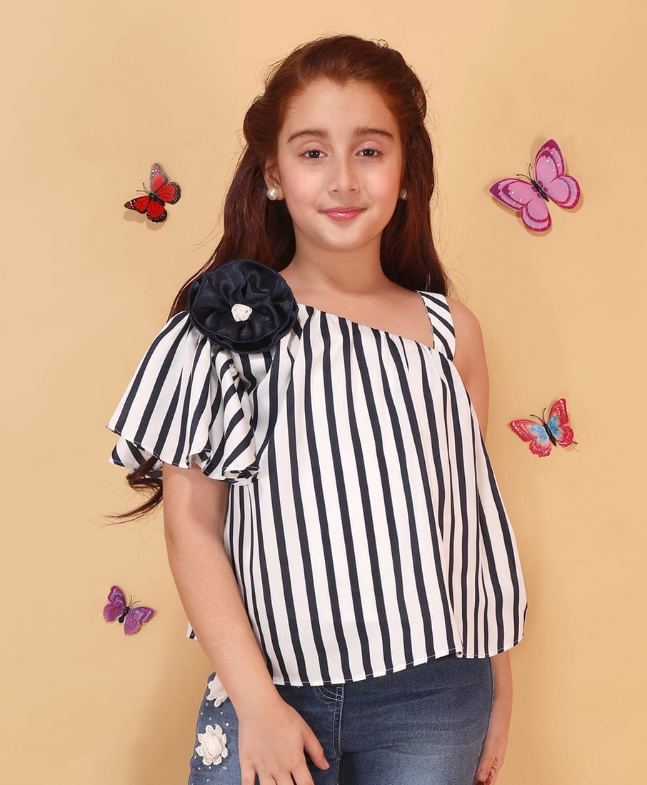 Cutecumber Cambric Woven Half Puffed Sleeves Striped & Floral Applique Detailed Top - Blue-image-30