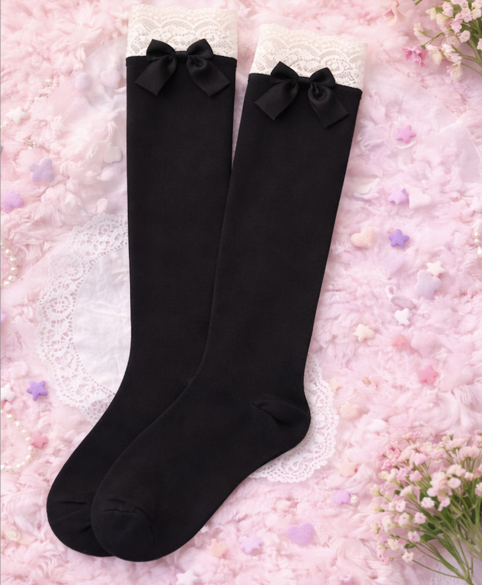 Flaunt Chic Cotton Blend Knit Bow Applique Detailed Socks - Black-image-20