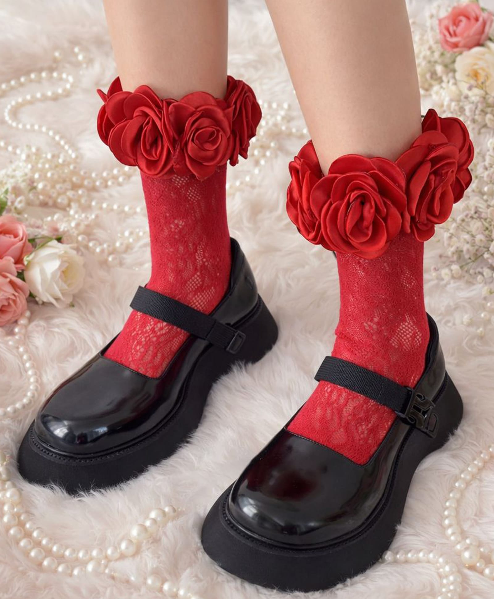Flaunt Chic Cotton Blend Knit Floral Applique Detailed Socks - Red-image-18