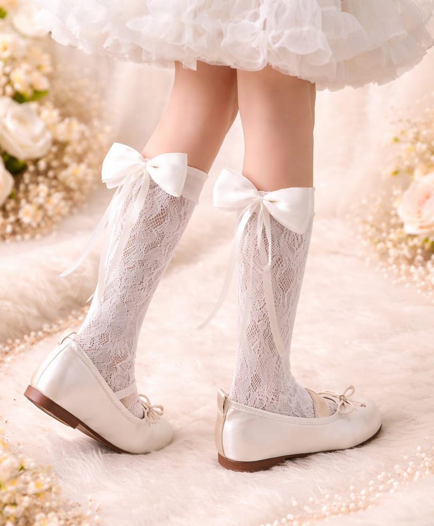 Flaunt Chic Cotton Blend Knit Bow Applique Detailed Floral Designed Socks - White-image-15