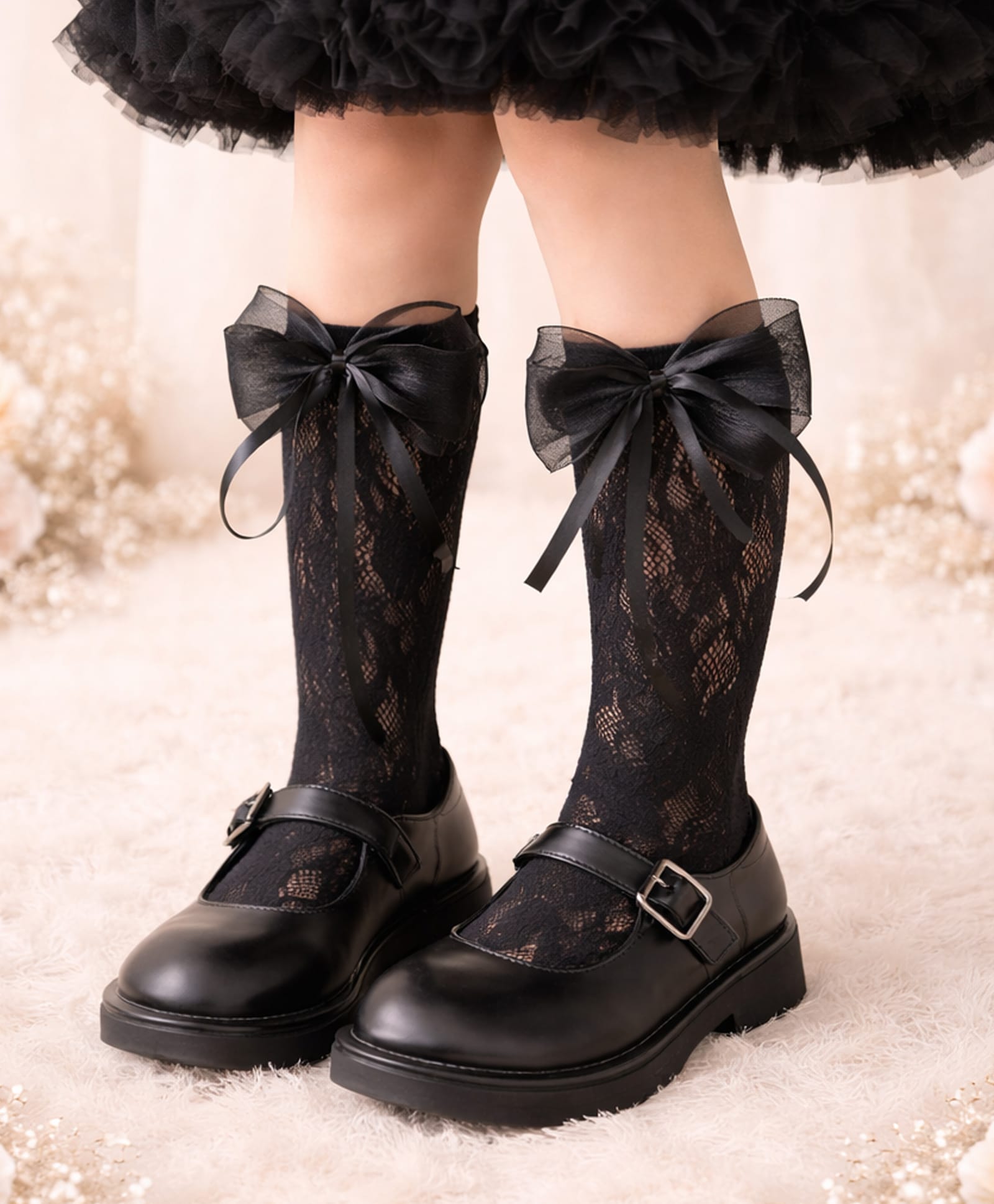 Flaunt Chic Cotton Blend Knit Bow Applique Detailed Floral Designed Socks - Black-image-47