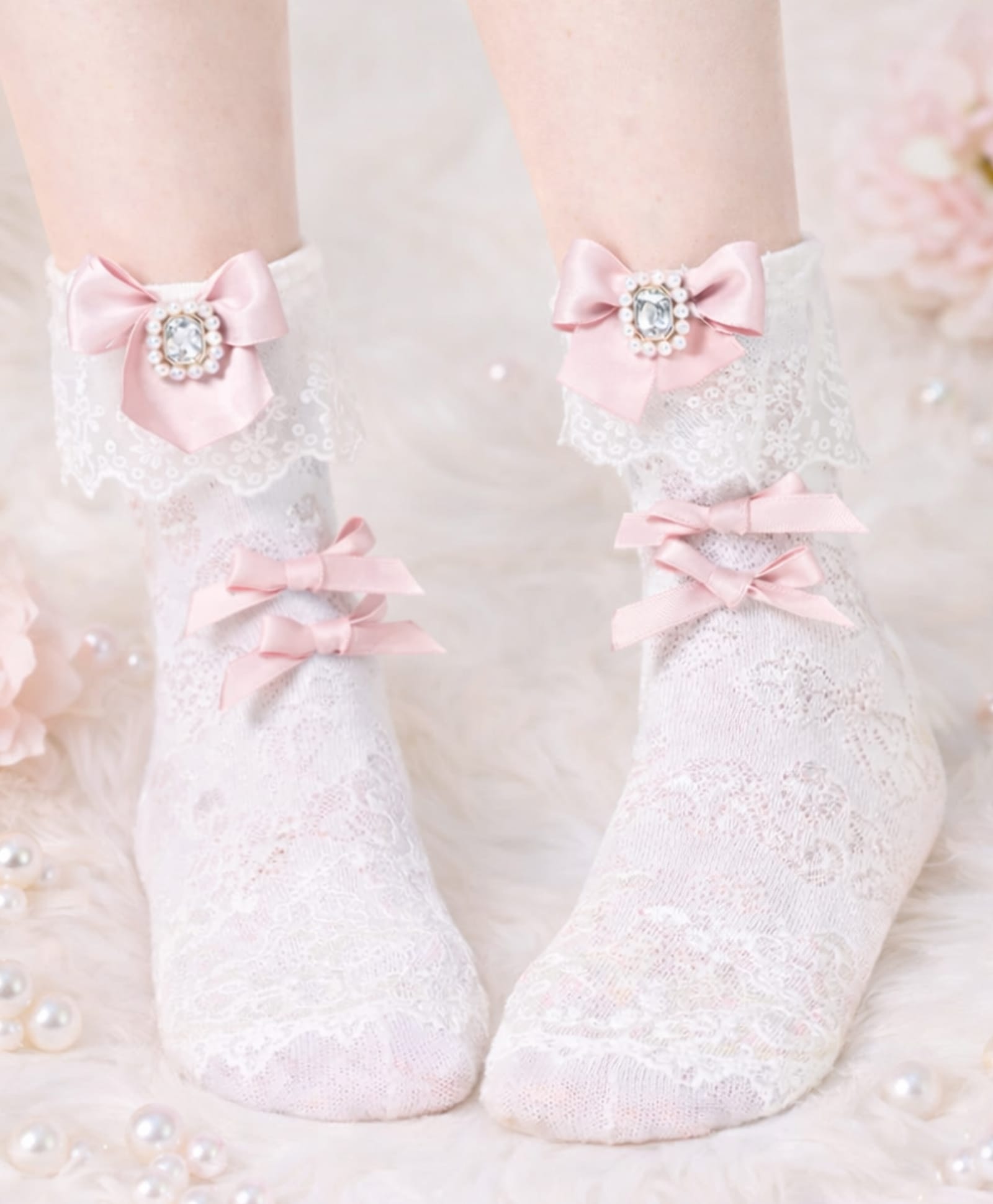 Flaunt Chic Bow Applique Detailed & Stone Embellished Socks - Pink-picture-19