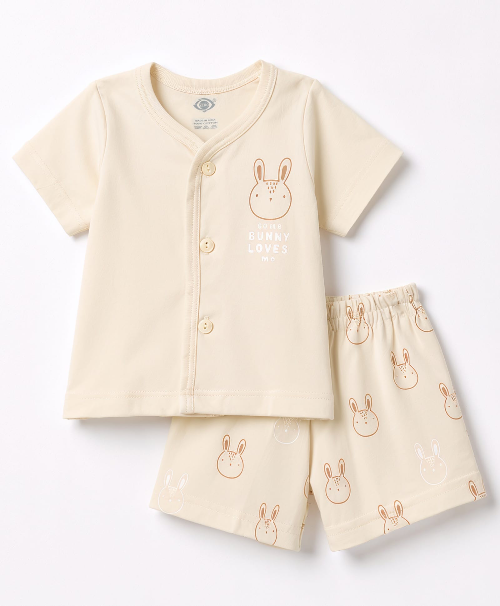Zero Sinker Knit Half Sleeves Bunny Printed T-Shirt & Shorts Night Suit - Cream-picture-31