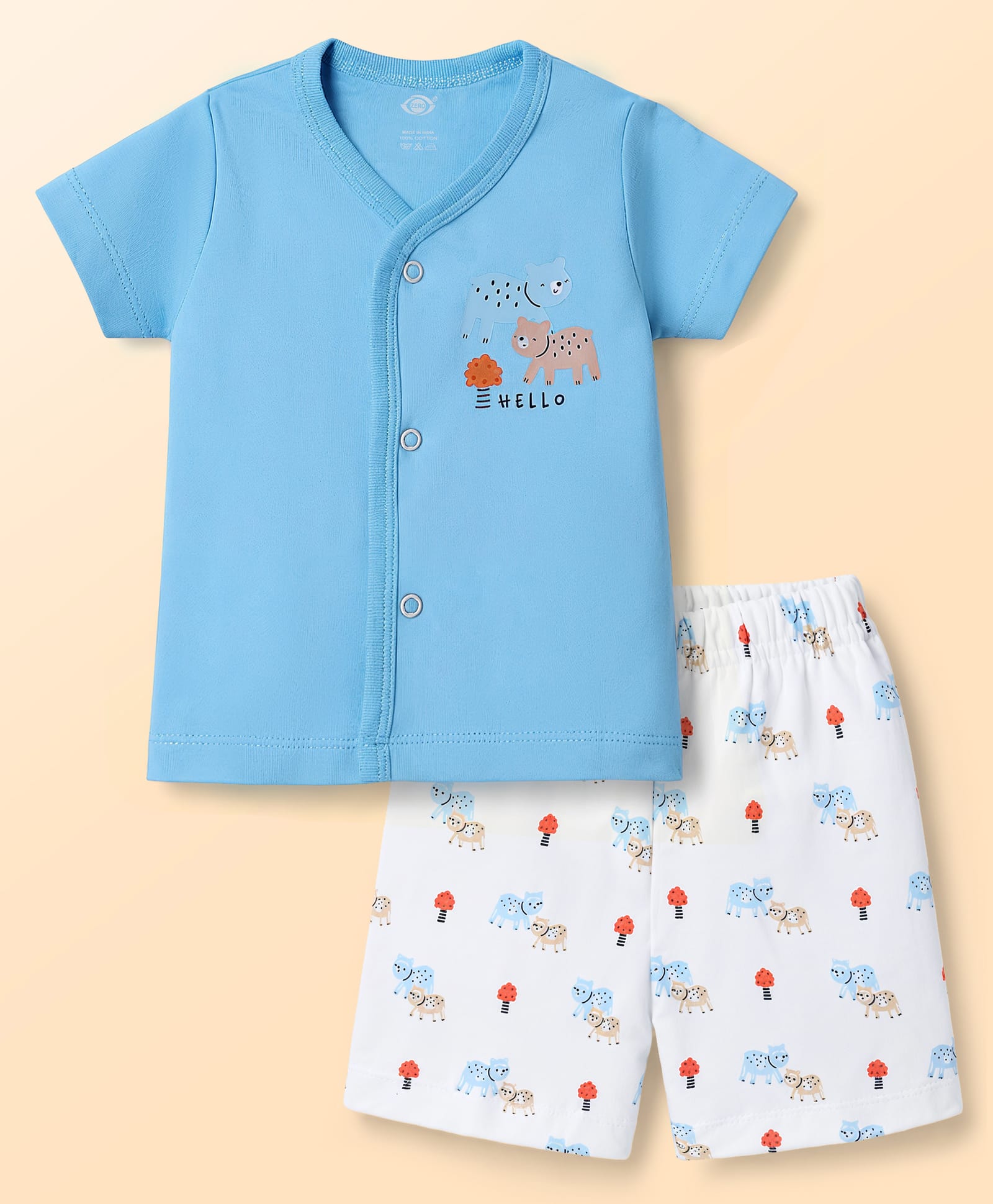 Zero Sinker Knit Half Sleeves Bear Printed T-Shirt & Shorts Night Suit - Light Blue & WHite-image-42