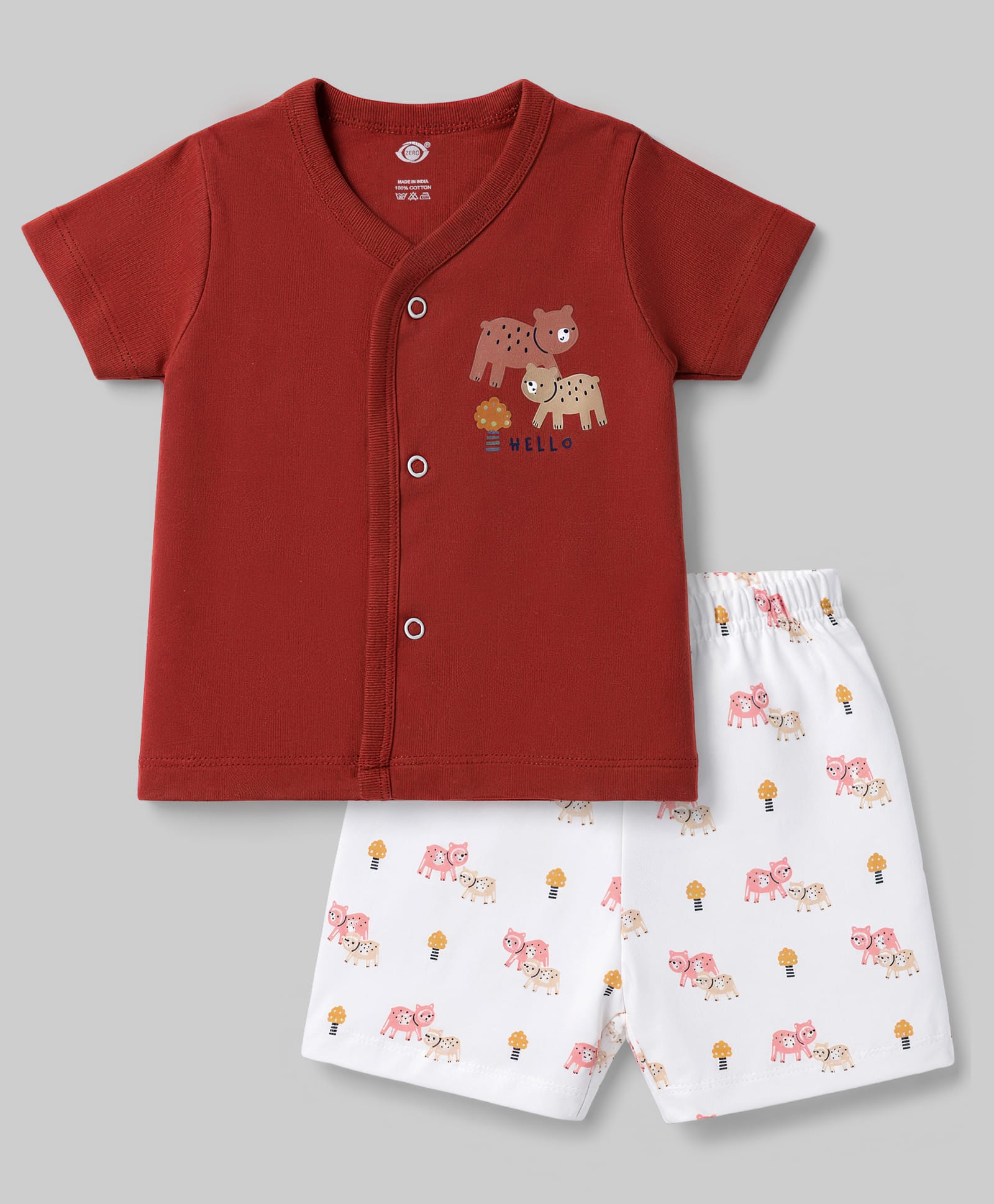 Zero Sinker Knit Half Sleeves Bear Printed T-Shirt & Shorts Night Suit - Red & White-image-38